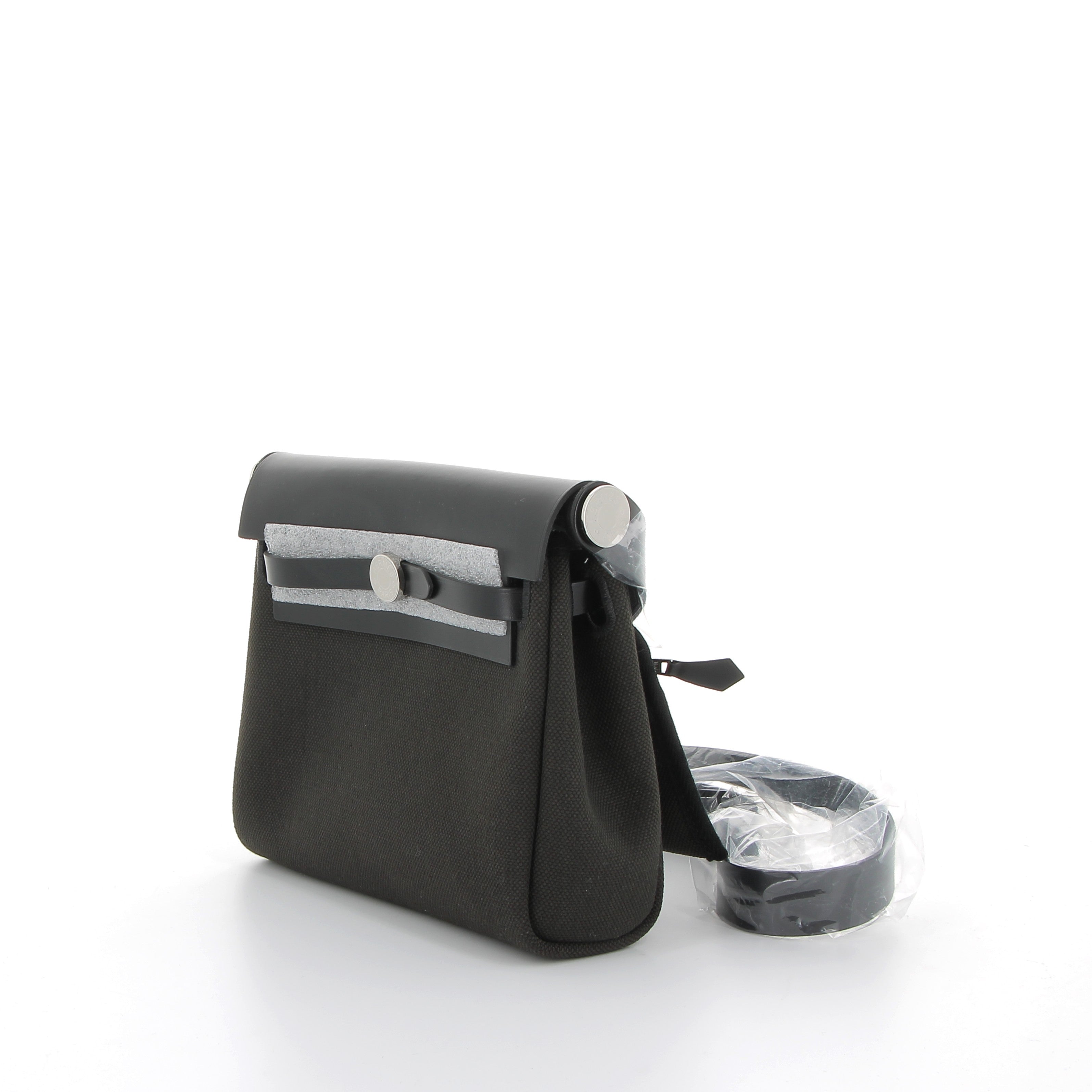 Hermès Mini Herbag 20cm in Black Toile & Vache Hunter with Palladium Hardware