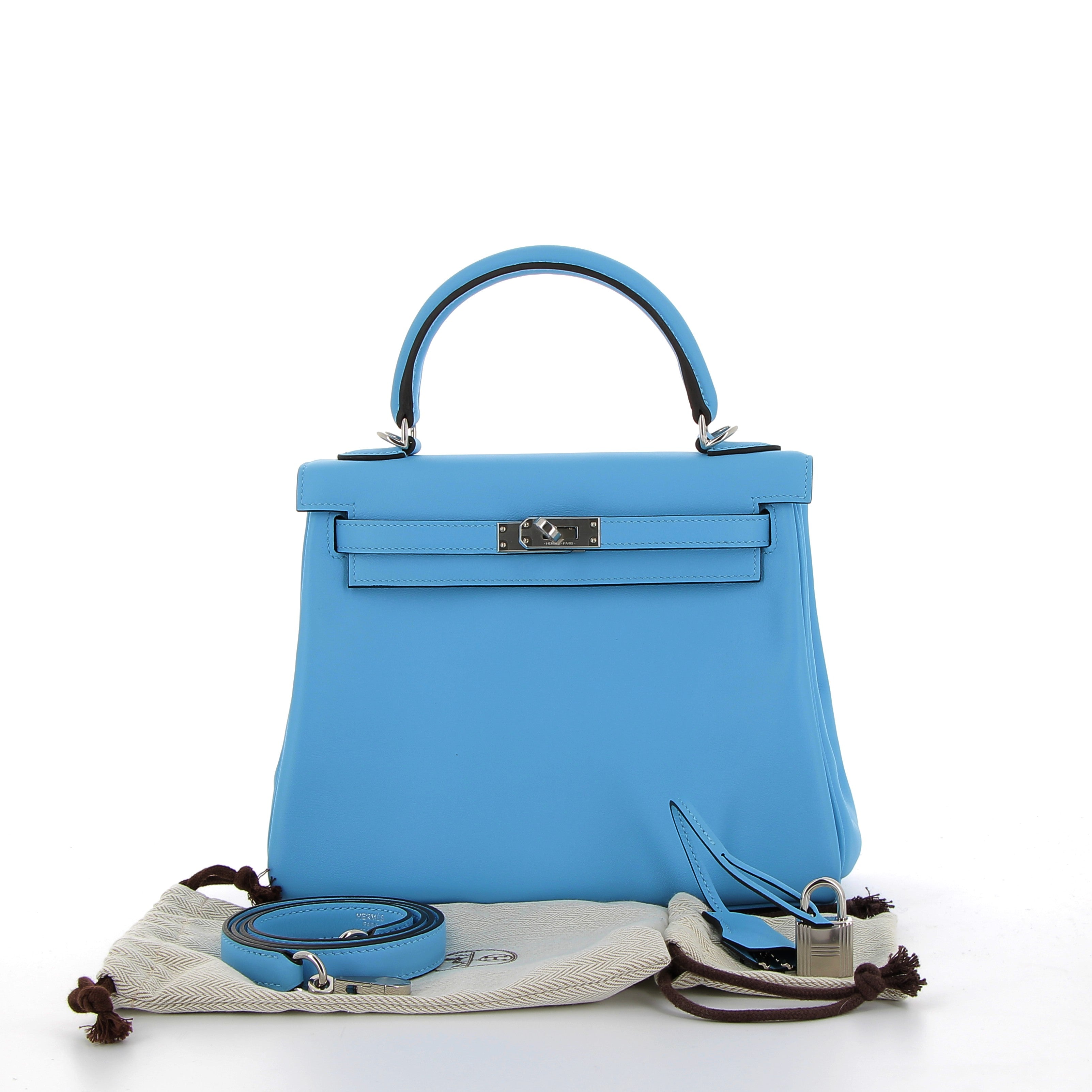 Hermès Kelly 25cm in Bleu Celeste Retourné Swift Leather with Palladium Hardware