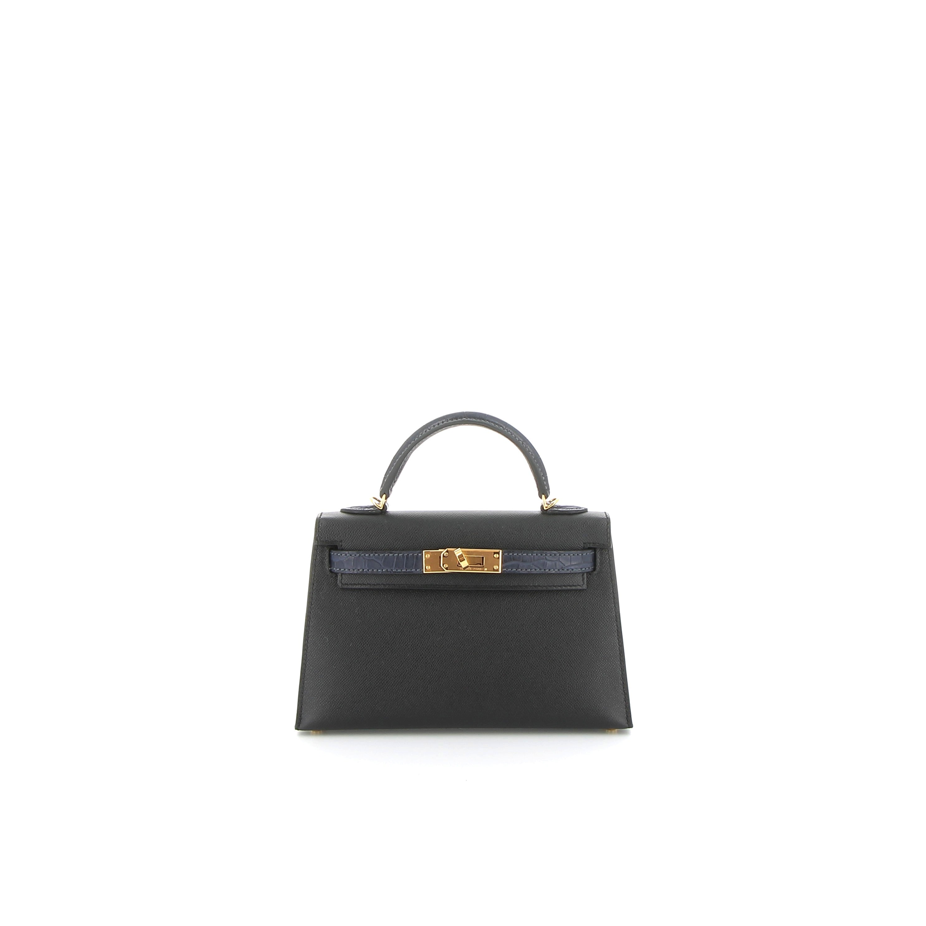 Hermès Mini Kelly 20cm Touch in Black Epsom & Bleu Crocodile with Gold Hardware