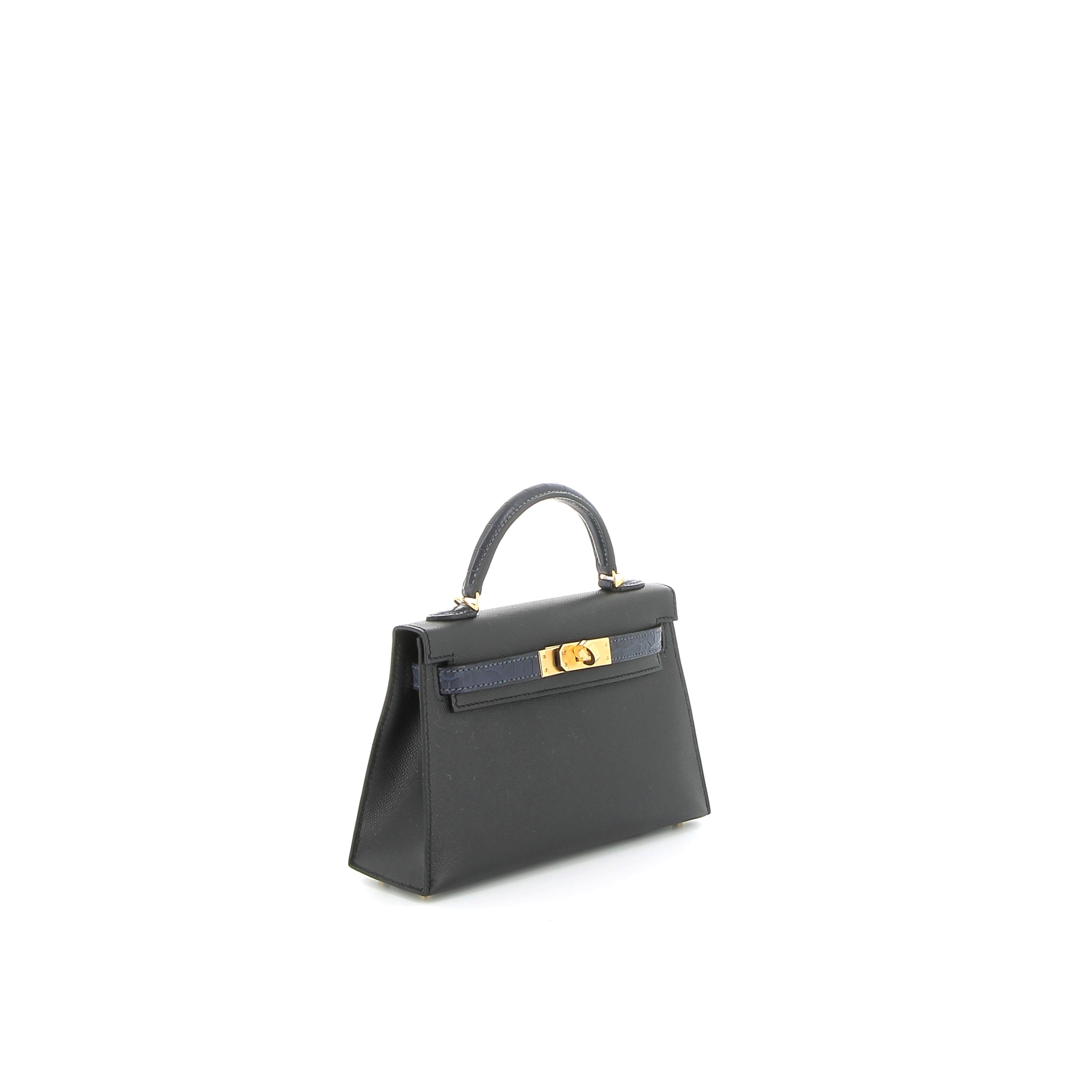 Hermès Mini Kelly 20cm Touch in Black Epsom & Bleu Crocodile with Gold Hardware