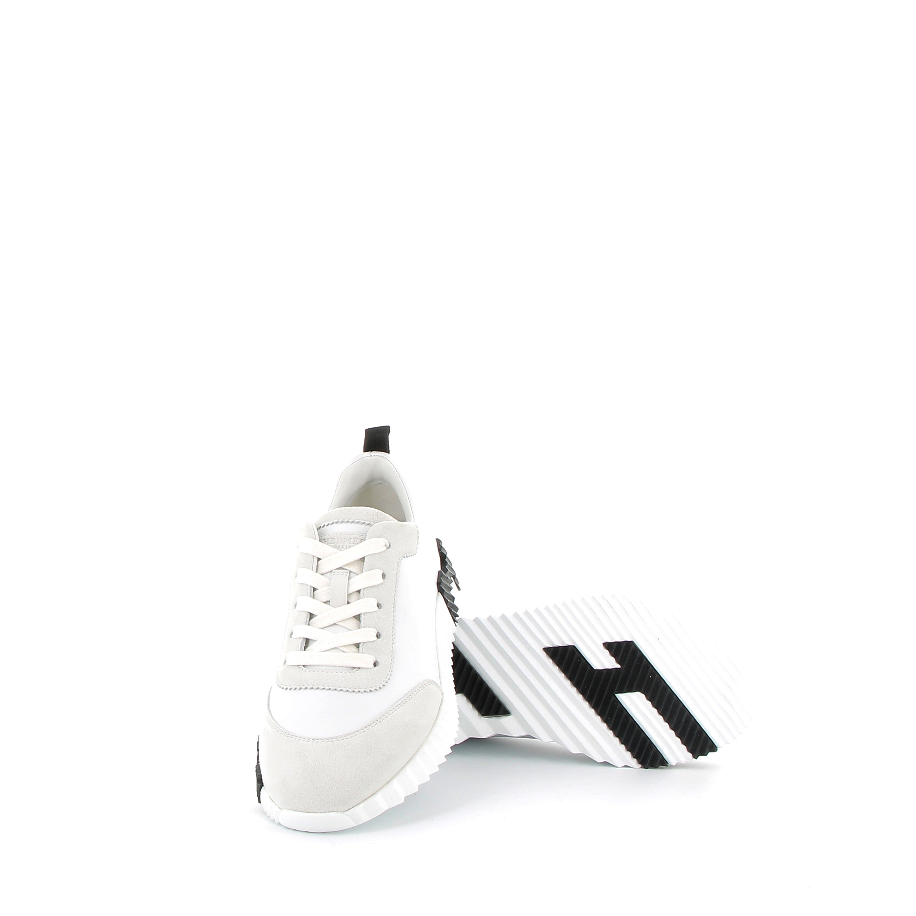 HERMÈS Bouncing Sneakers Veau and Chèvre Velours White and Black