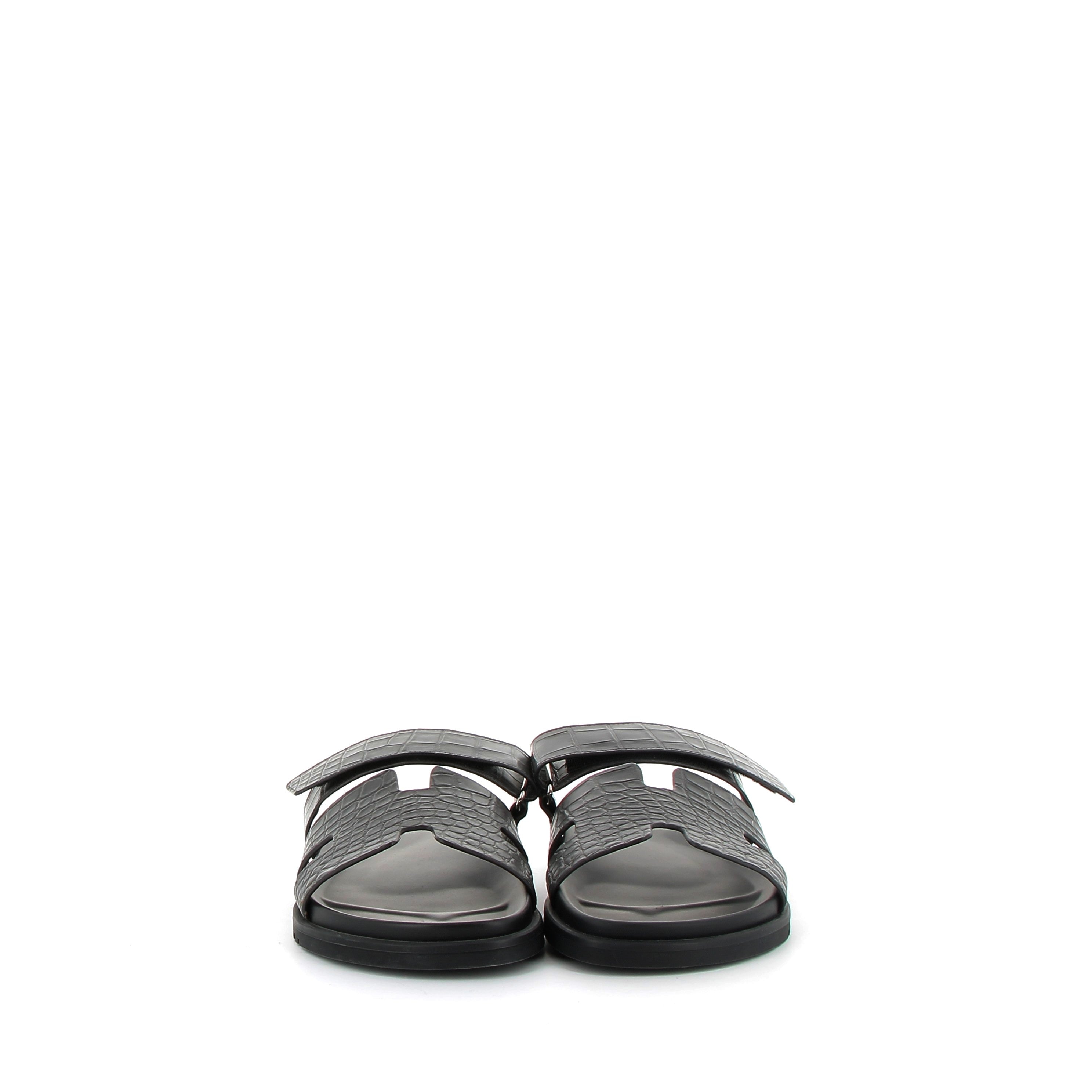 HERMÈS Chypre Sandals Crocodile Graphite Black