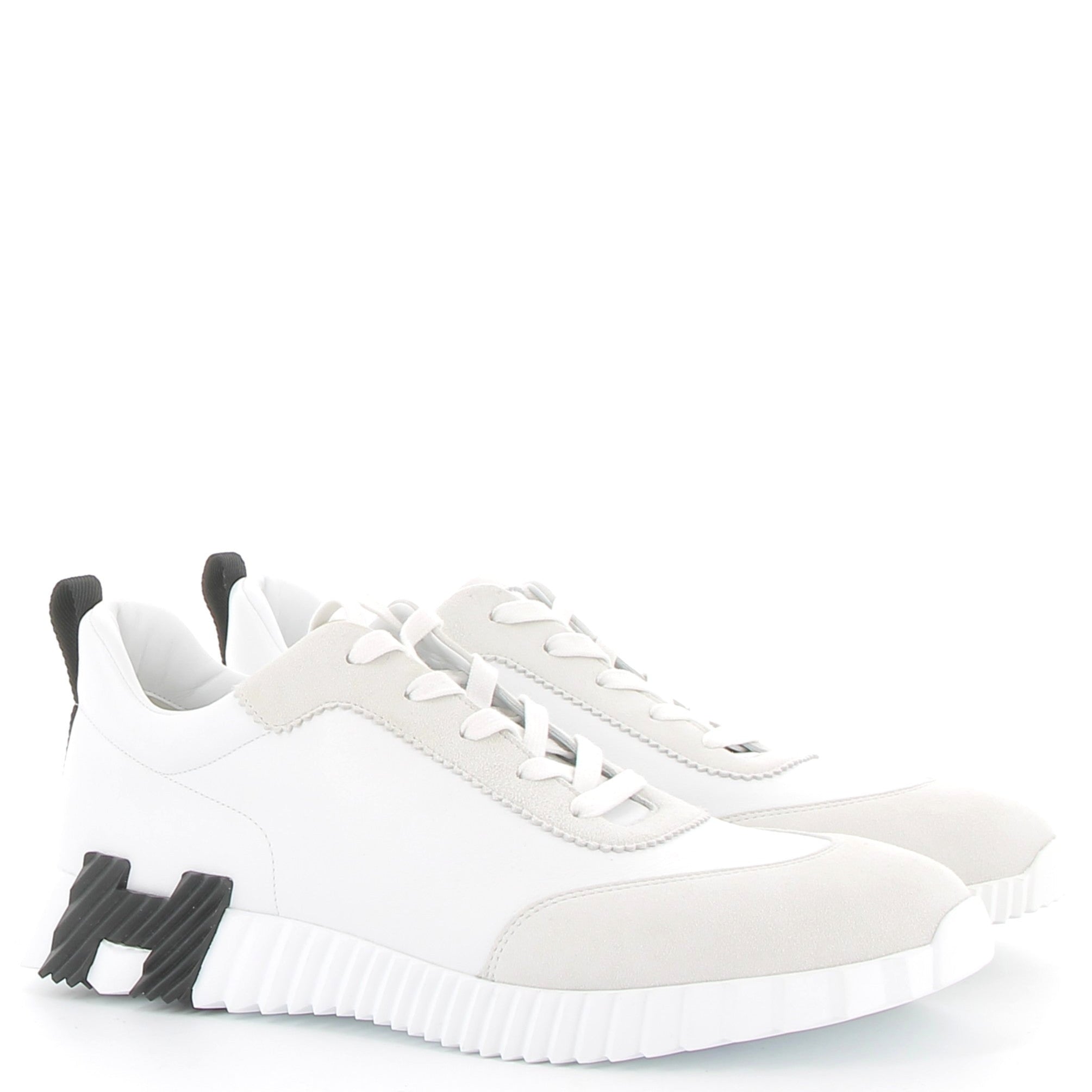 HERMÈS Bouncing Sneakers Veau and Chèvre Velours White and Black