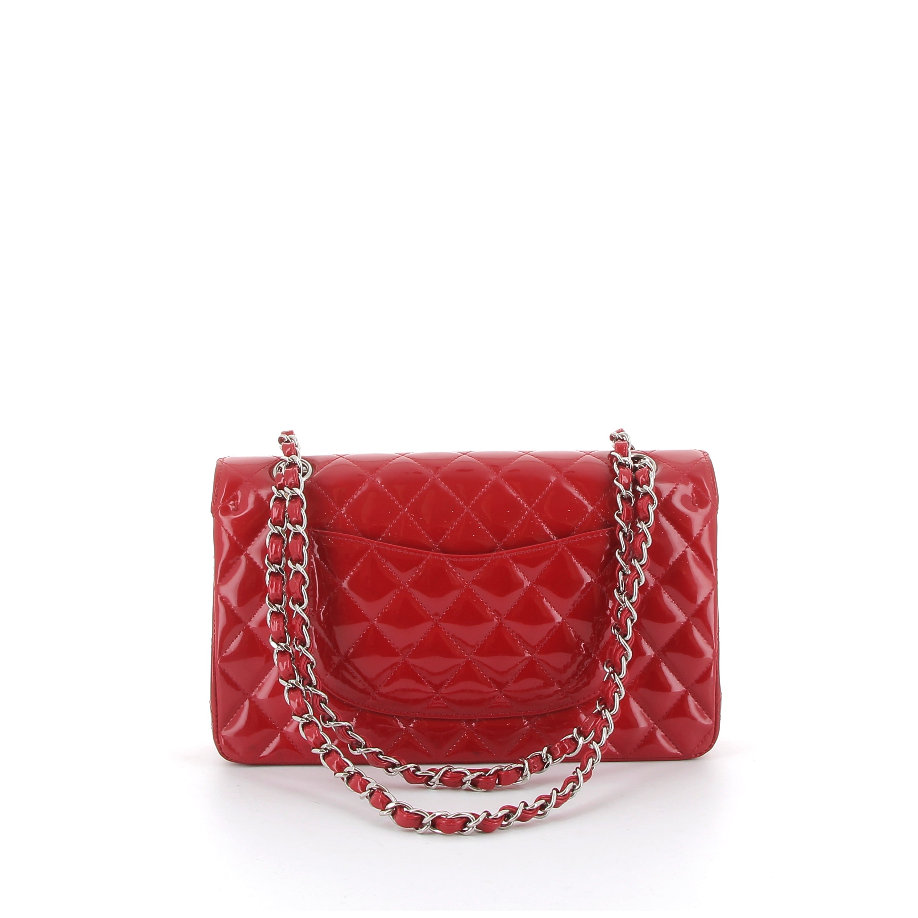 Chanel Red Patent Medium Double Flap with Silver Hardware