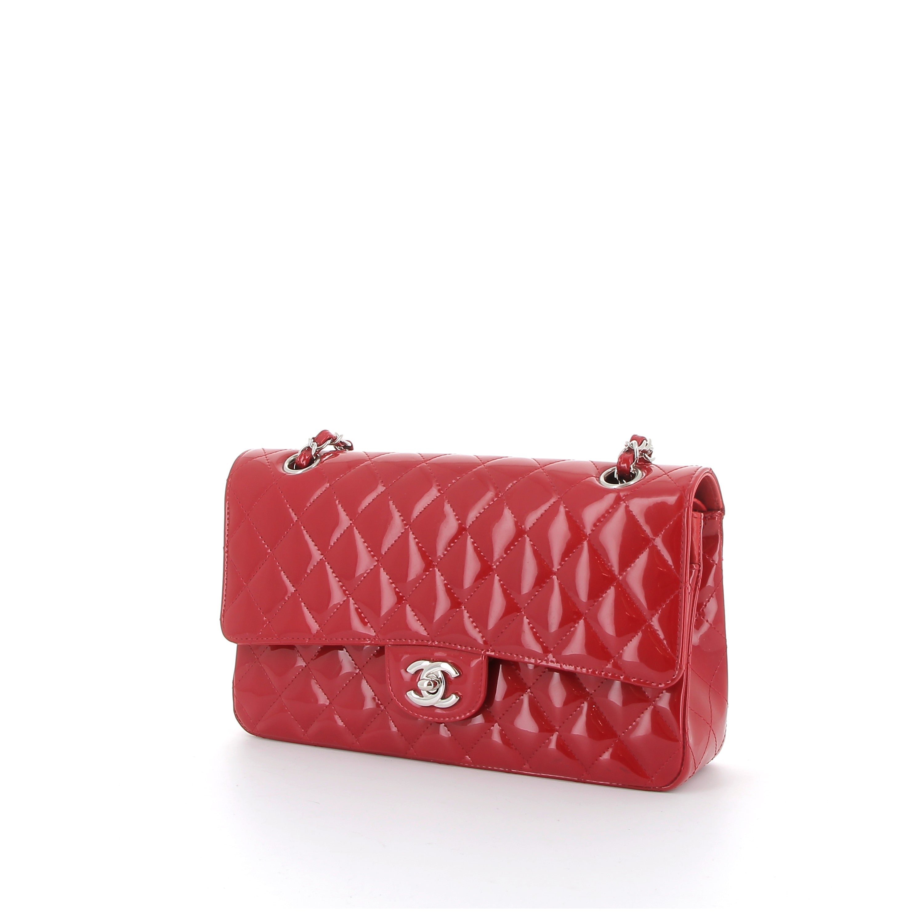 Chanel Red Patent Medium Double Flap with Silver Hardware