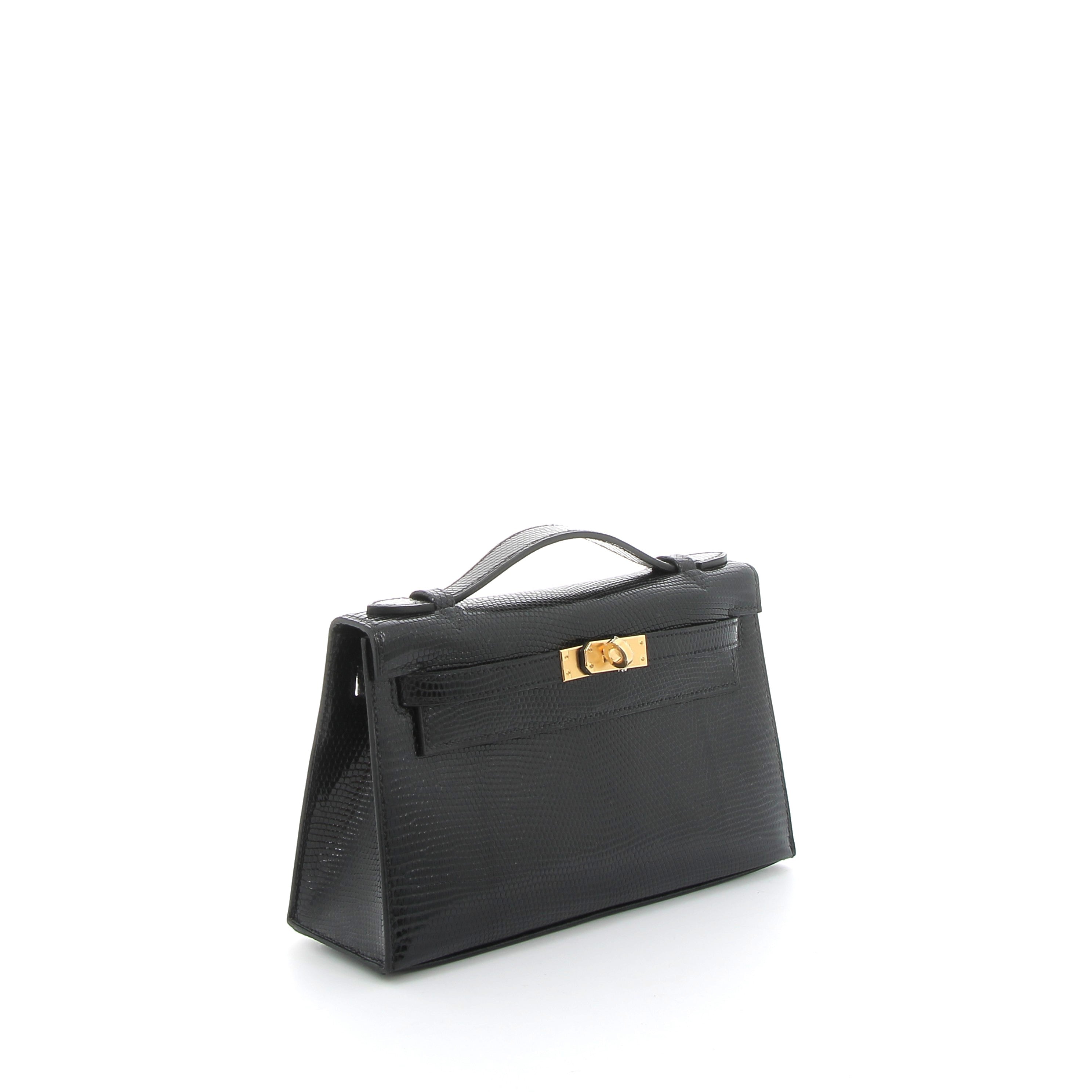 HERMES Kelly Pochette Noir Lizard Gold Hardware (GHW)