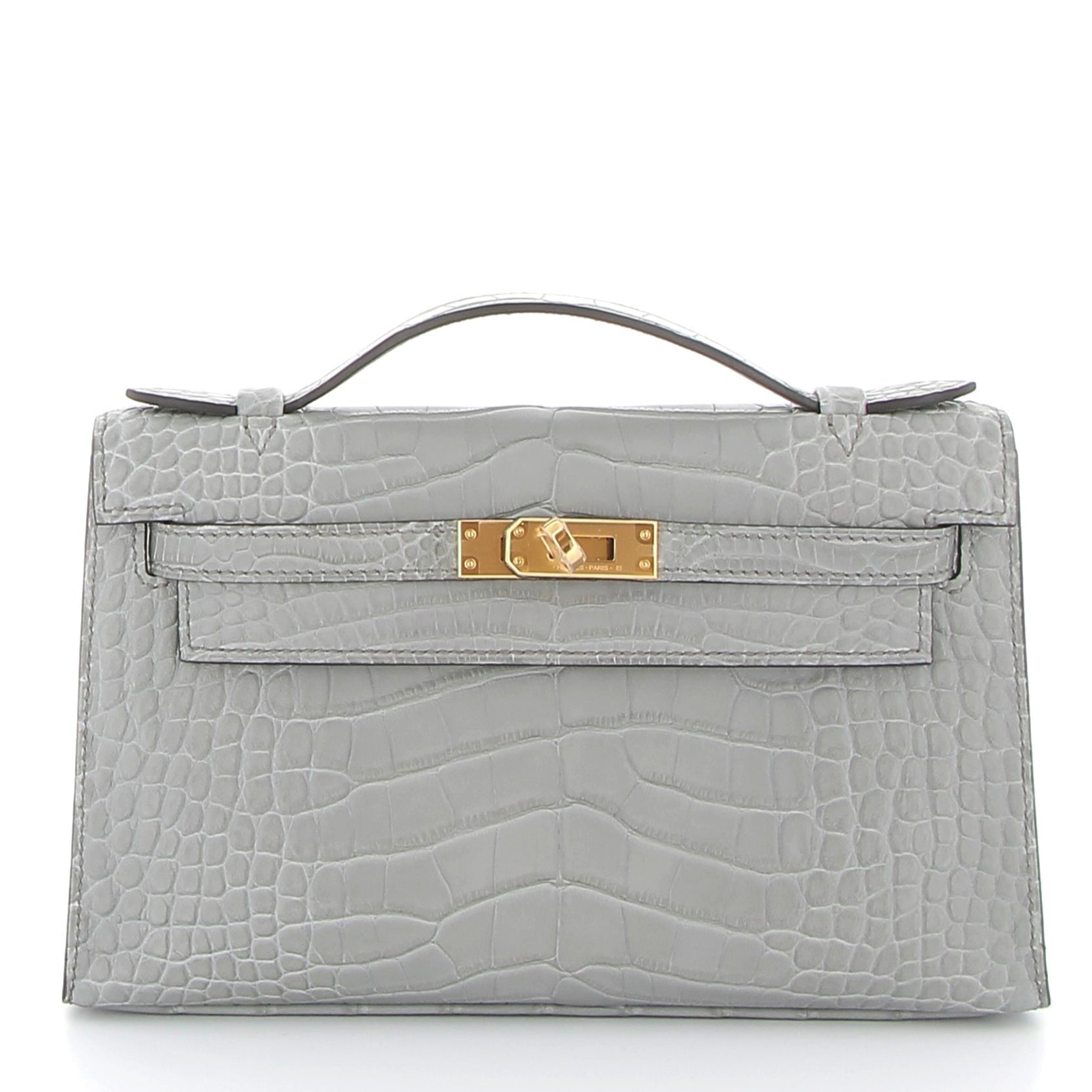 HERMES Kelly Pochette Gris Ciment Alligator Matte Yellow Gold Hardware