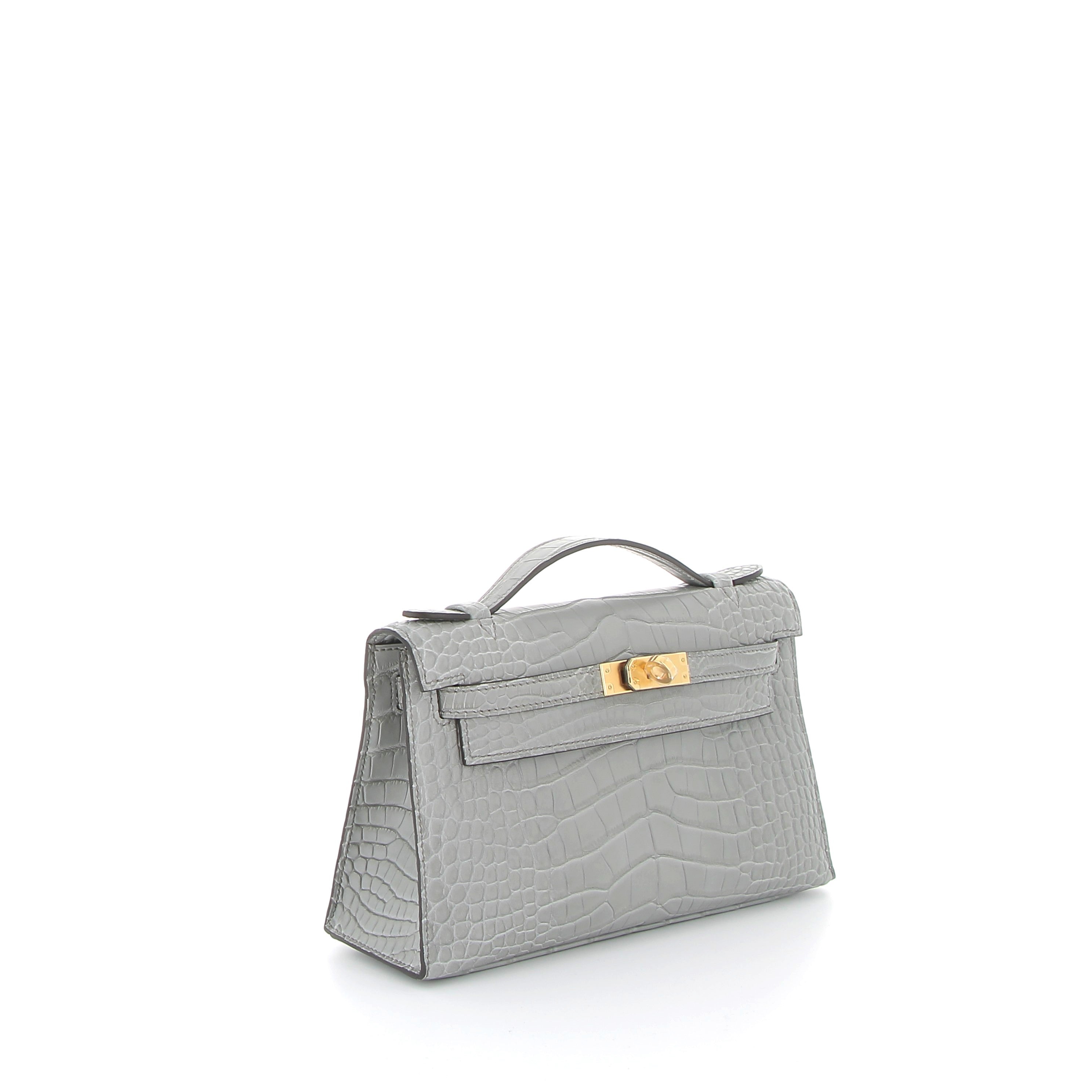 HERMES Kelly Pochette Gris Ciment Alligator Matte Yellow Gold Hardware