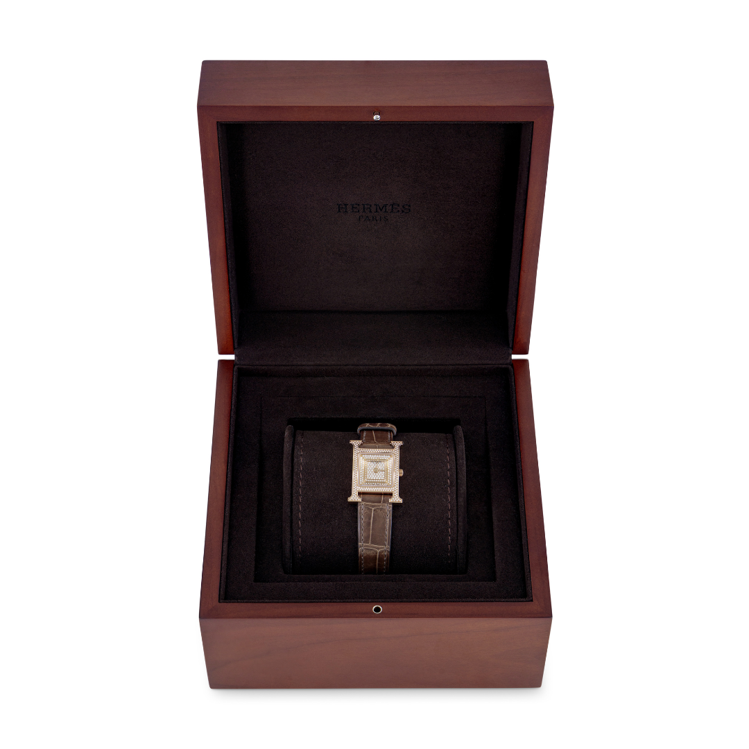 Hermès Heure H Watch in Rose Gold with Diamonds & Brown Crocodile Leather Strap, Small Model 25 mm