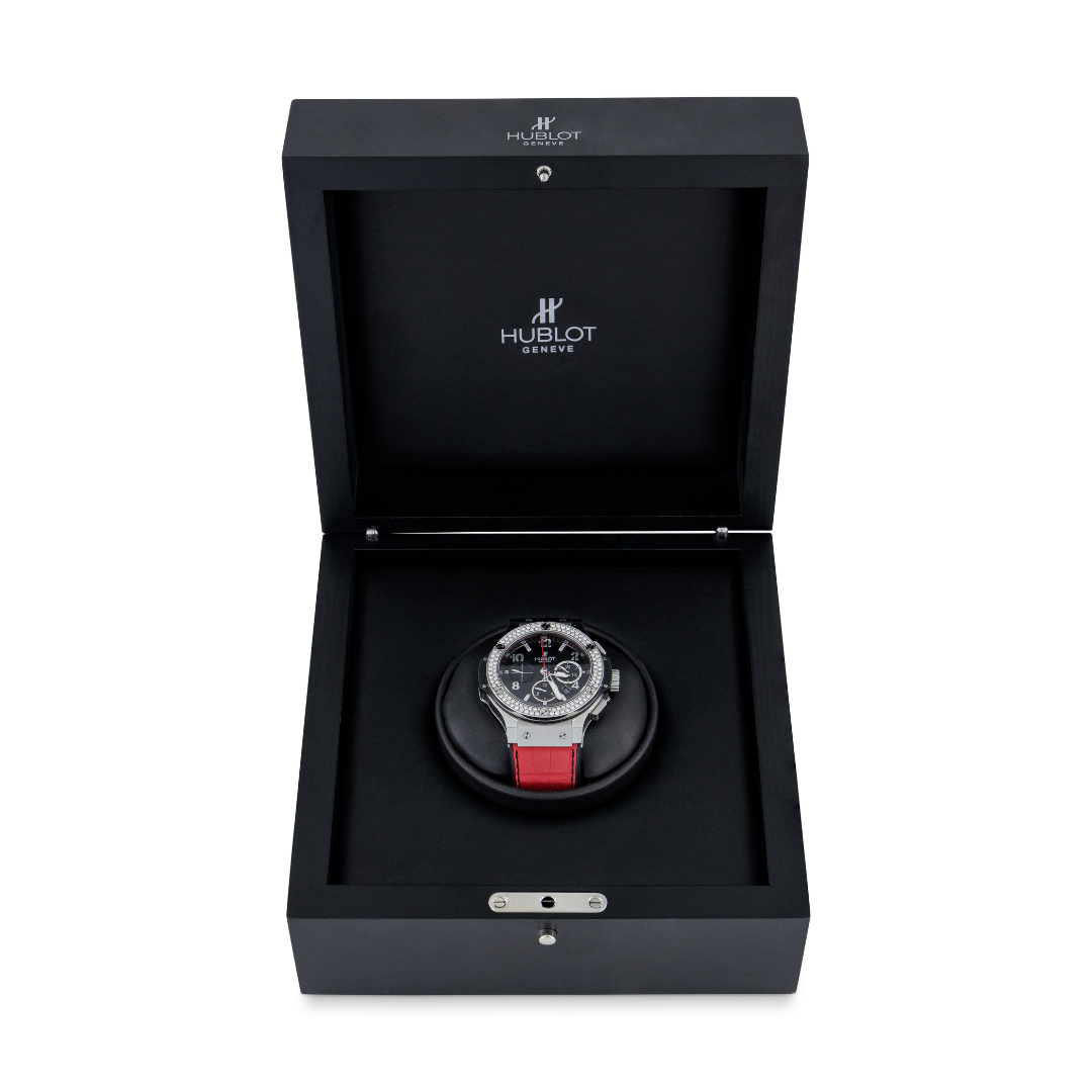Hublot Big Bang Watch in Steel with Diamons with Red Crocodile Leather Band