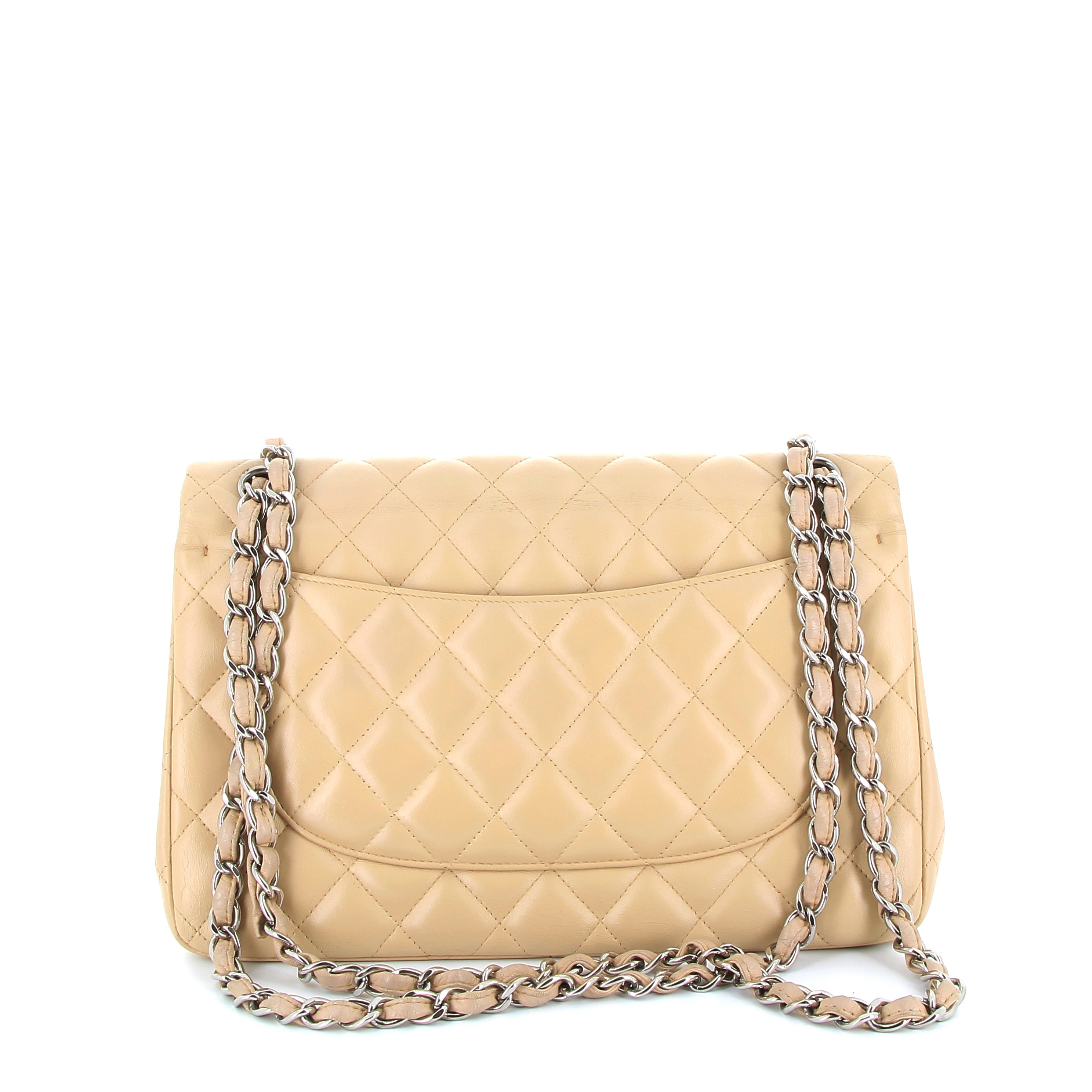 Chanel Beige Lambskin Timeless Jumbo Flap bag with Silver Hardware