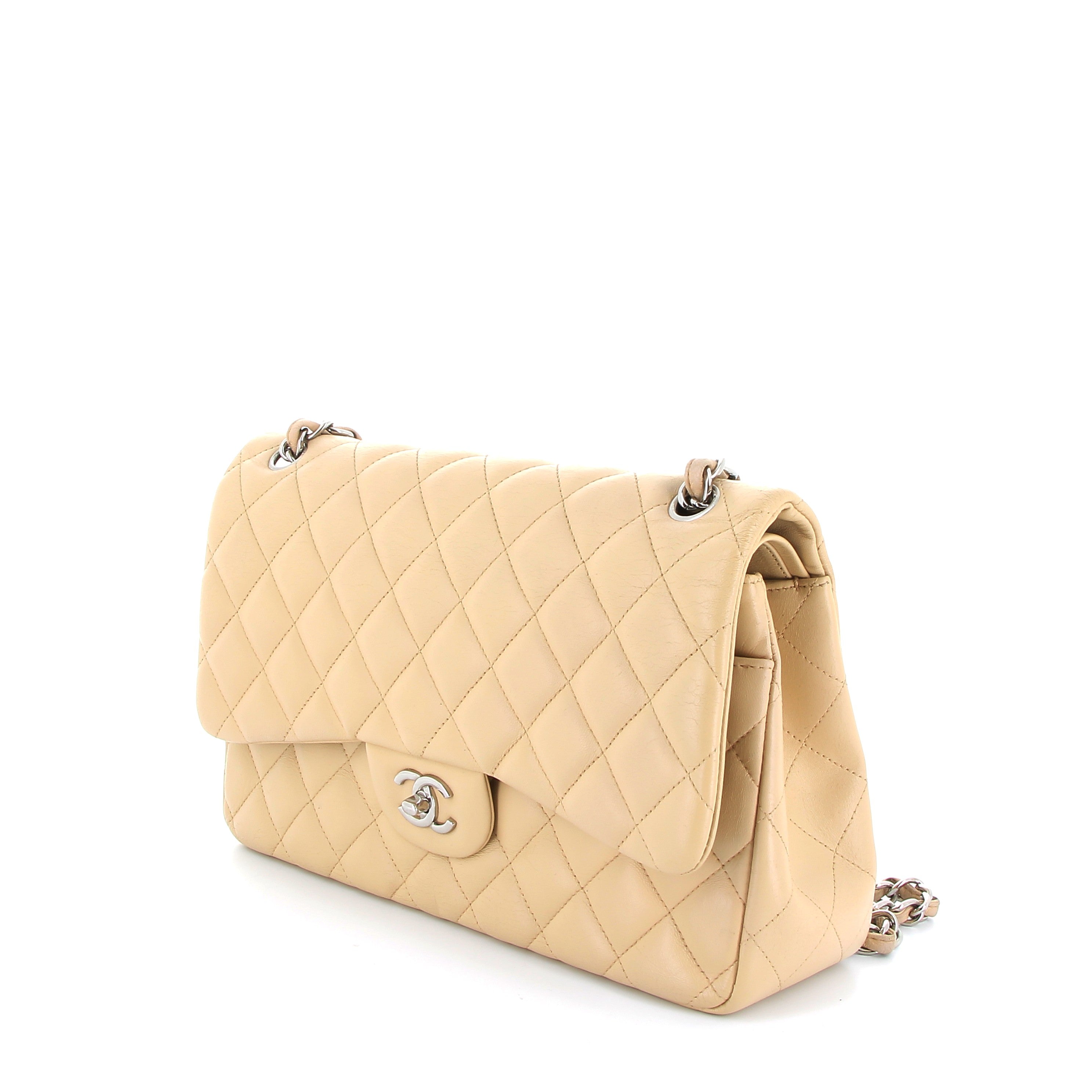 Chanel Beige Lambskin Timeless Jumbo Flap bag with Silver Hardware