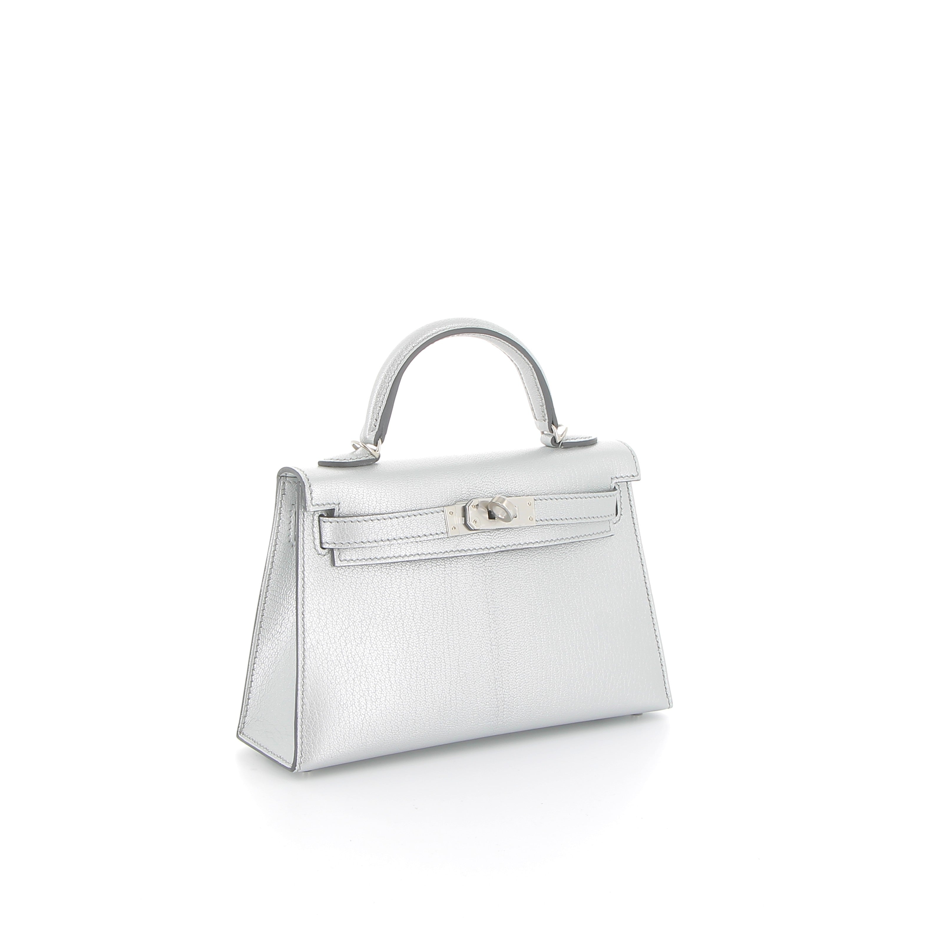 HERMÈS Kelly 20 Sellier Silver Chèvre Chamkili Light Palladium hardware