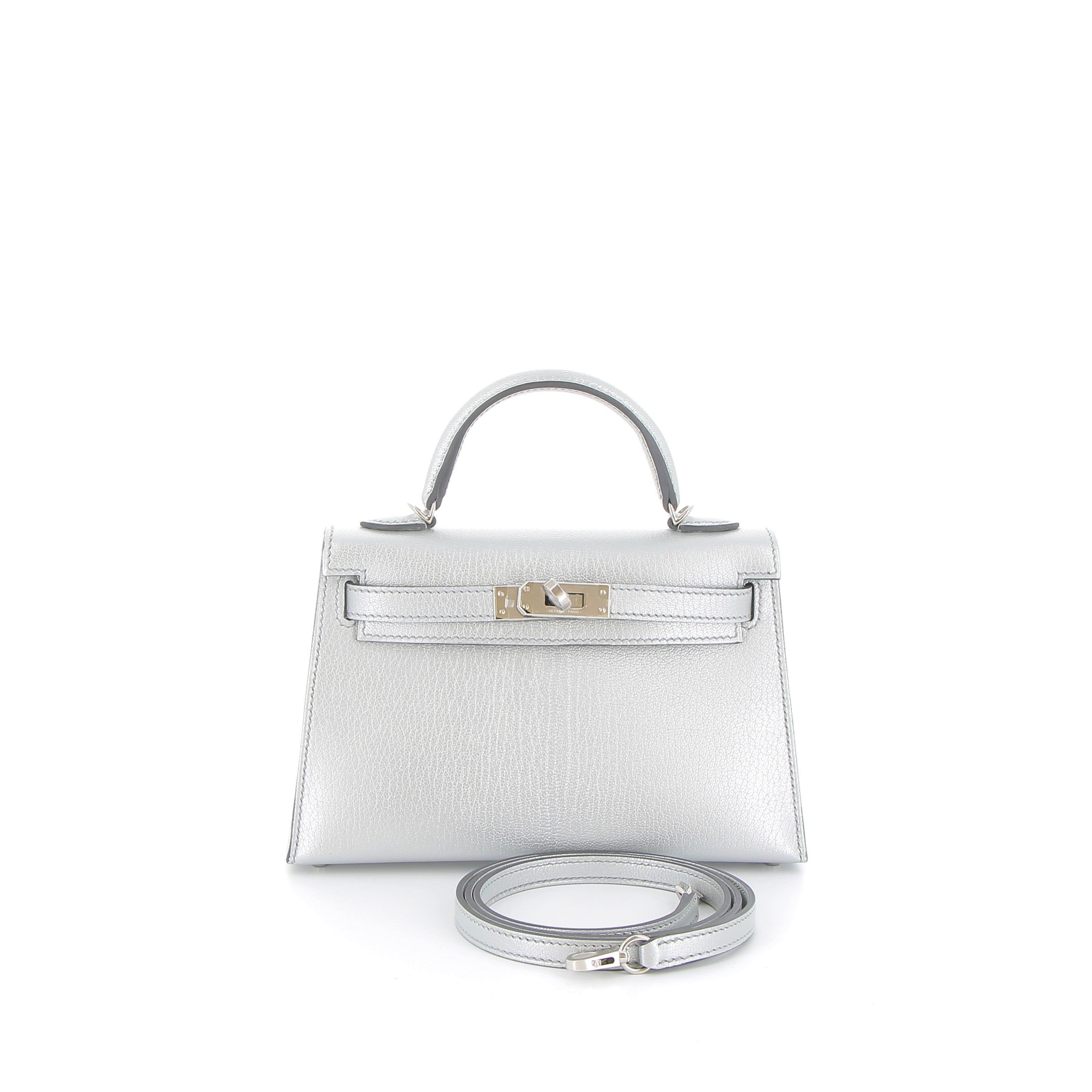 HERMÈS Kelly 20 Sellier Silver Chèvre Chamkili Light Palladium hardware