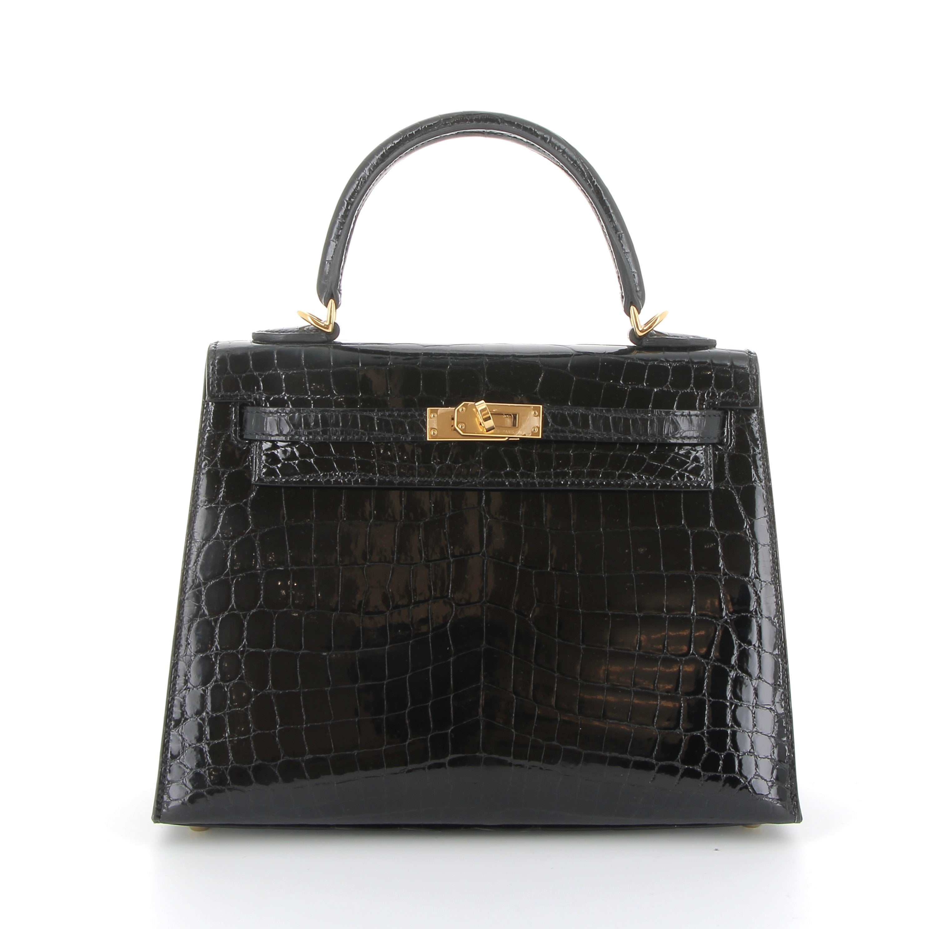 HERMES Kelly 25 Noir Crocodile Niloticus Lisse Gold Hardware