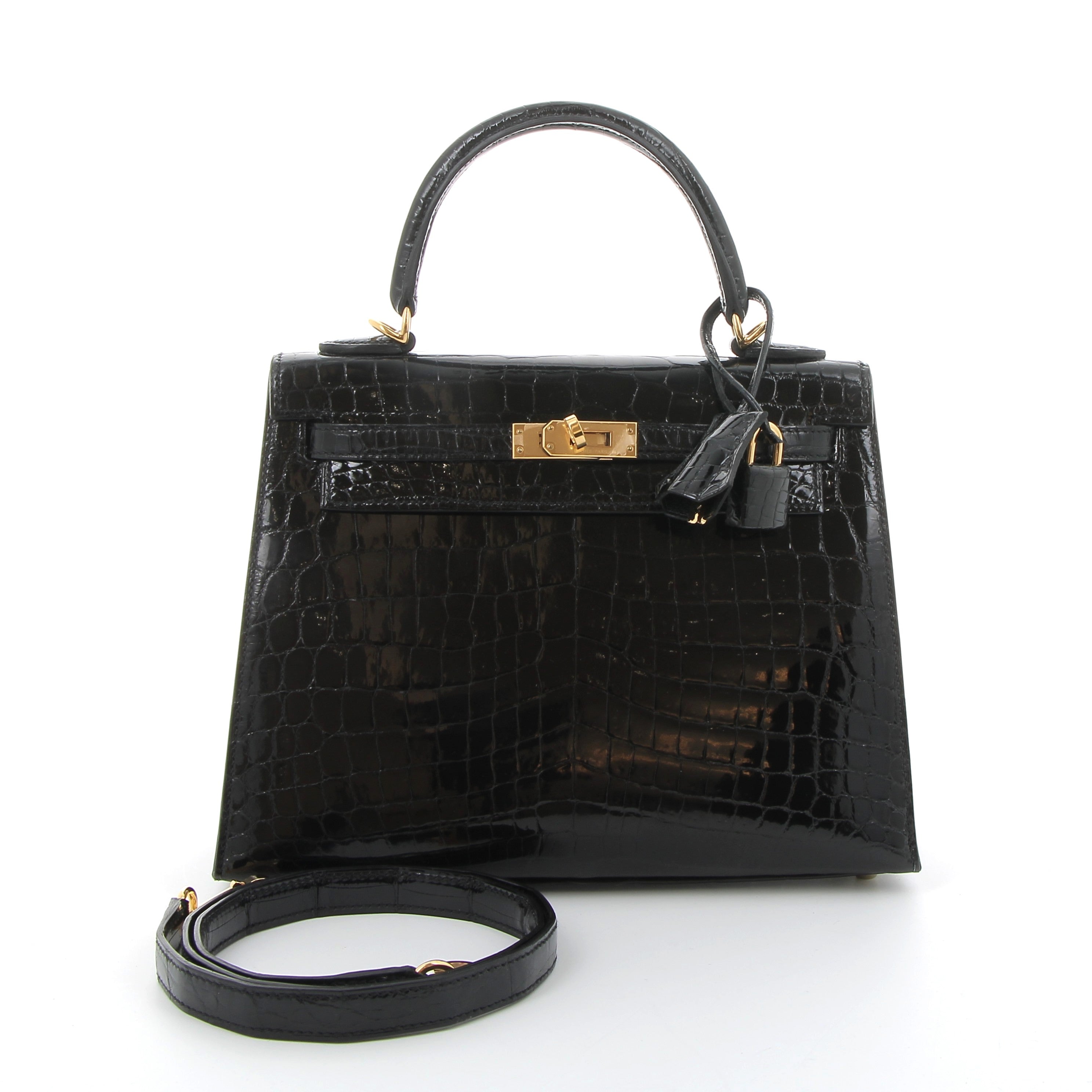 HERMES Kelly 25 Noir Crocodile Niloticus Lisse Gold Hardware