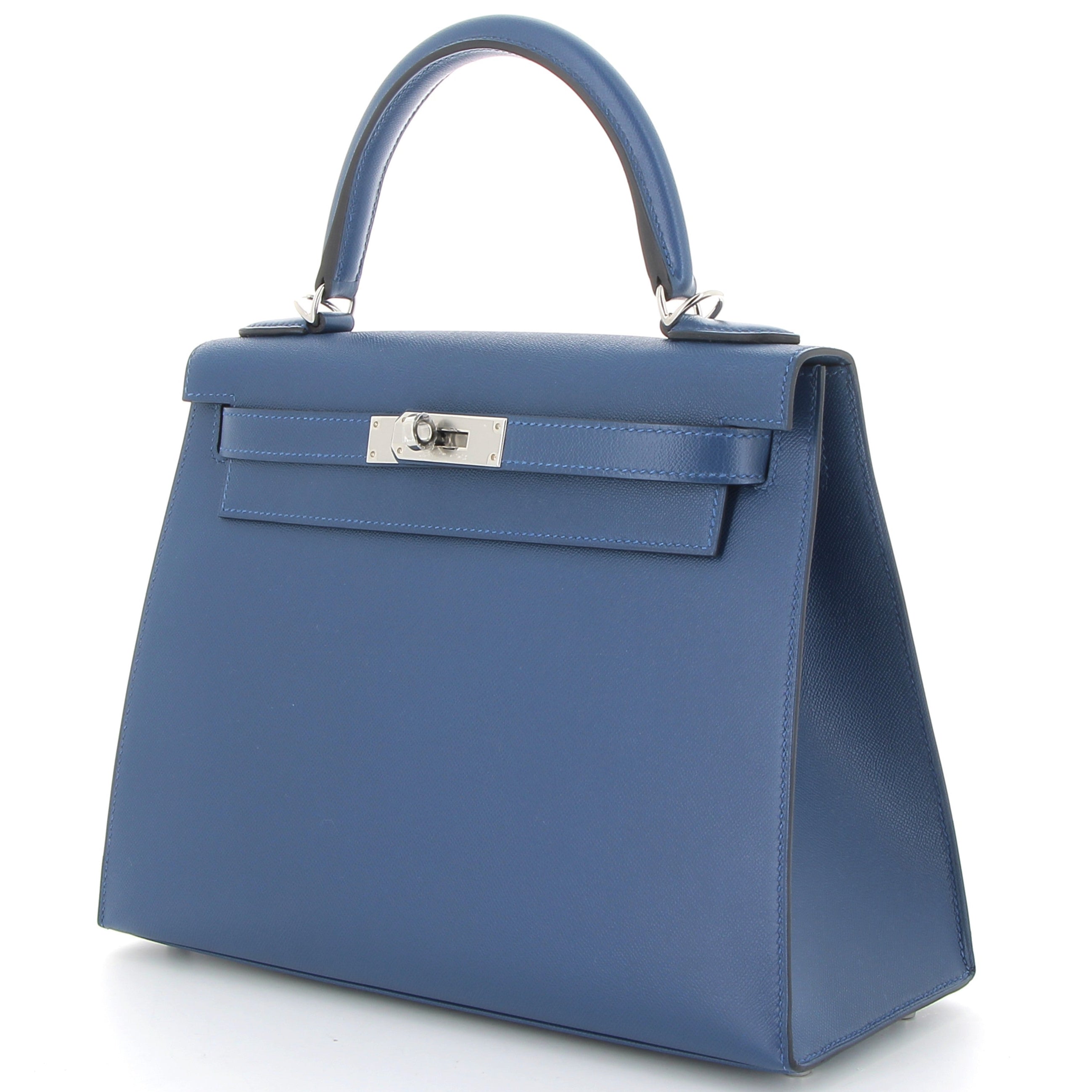 HERMES Kelly 28 Bleu Tie Veau Madame Leather Palladium Hardware