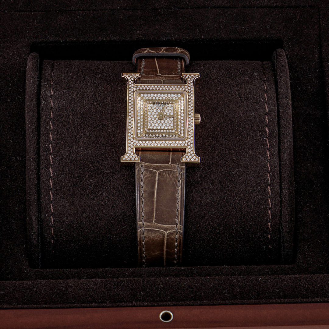Hermès Heure H Watch in Rose Gold with Diamonds & Brown Crocodile Leather Strap, Small Model 25 mm