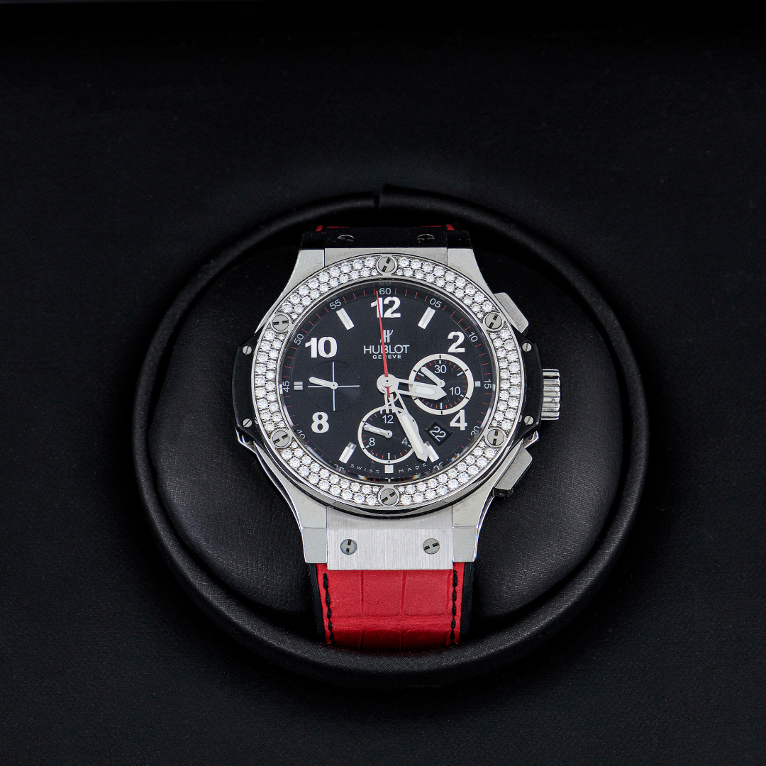 Hublot Big Bang Watch in Steel with Diamons with Red Crocodile Leather Band