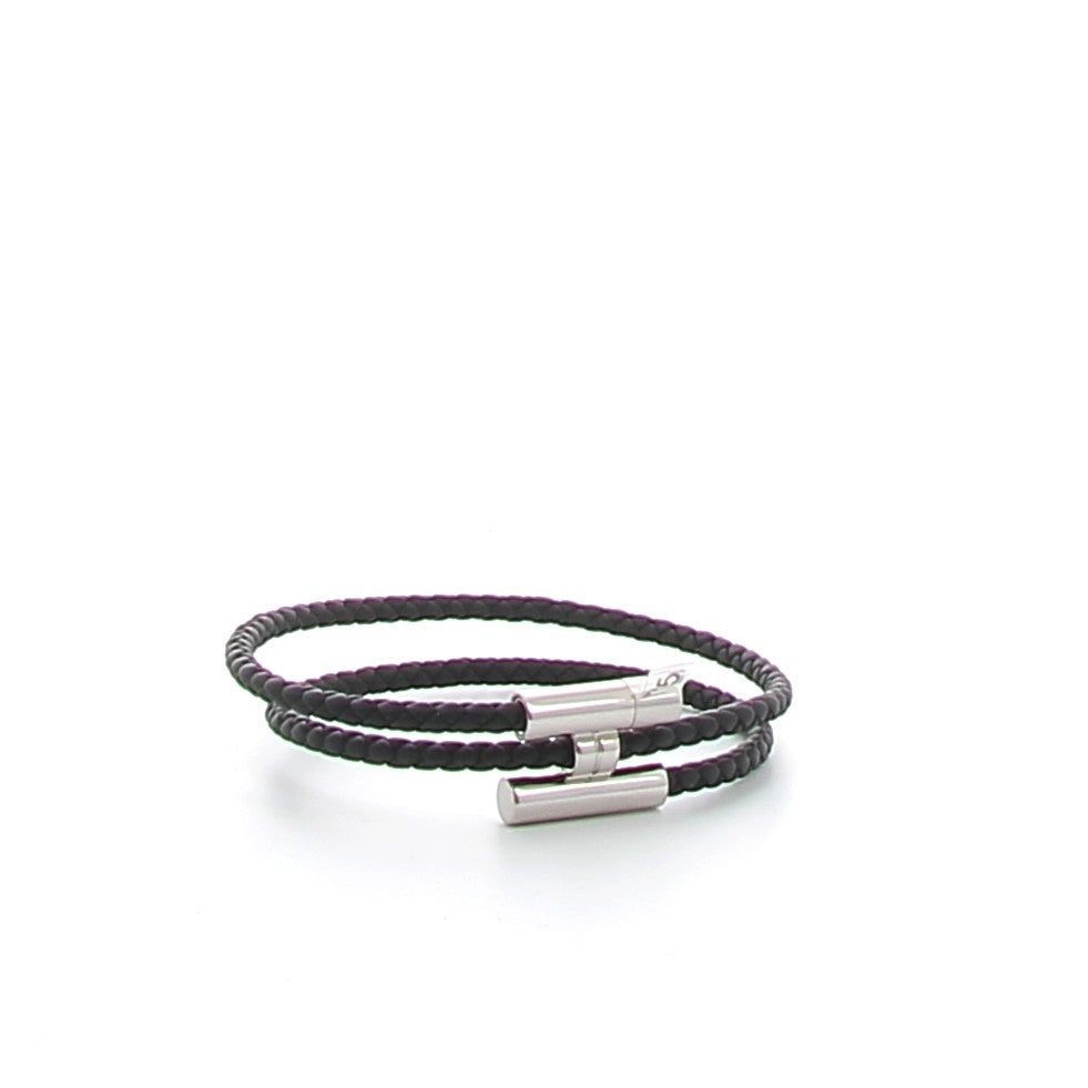 HERMES Tournis Tressé Bracelet Black Swift Leather Palladium Hardware