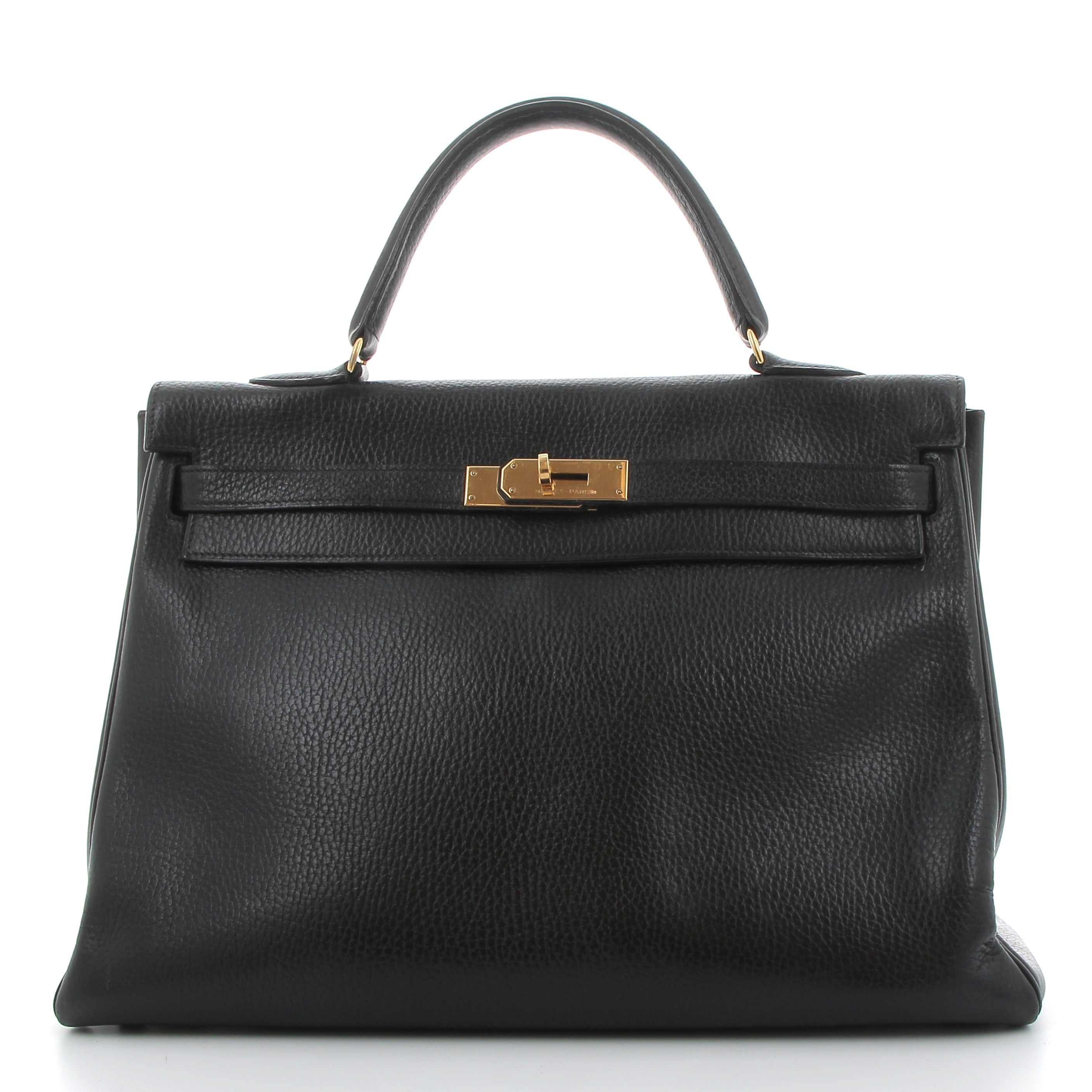 HERMES Kelly 32 Noir Ardennes Calfskin Gold Hardware
