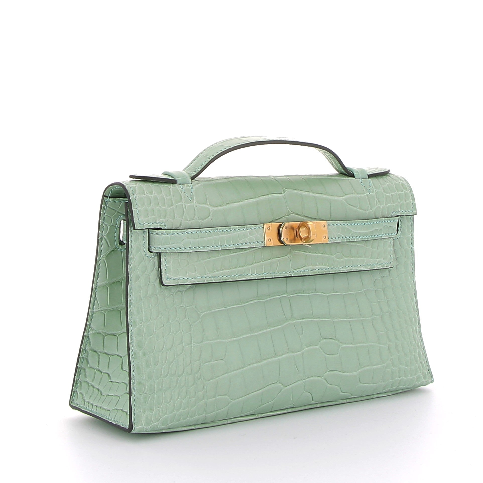 HERMES Kelly Pochette Vert d'Eau Crocodile Gold Hardware