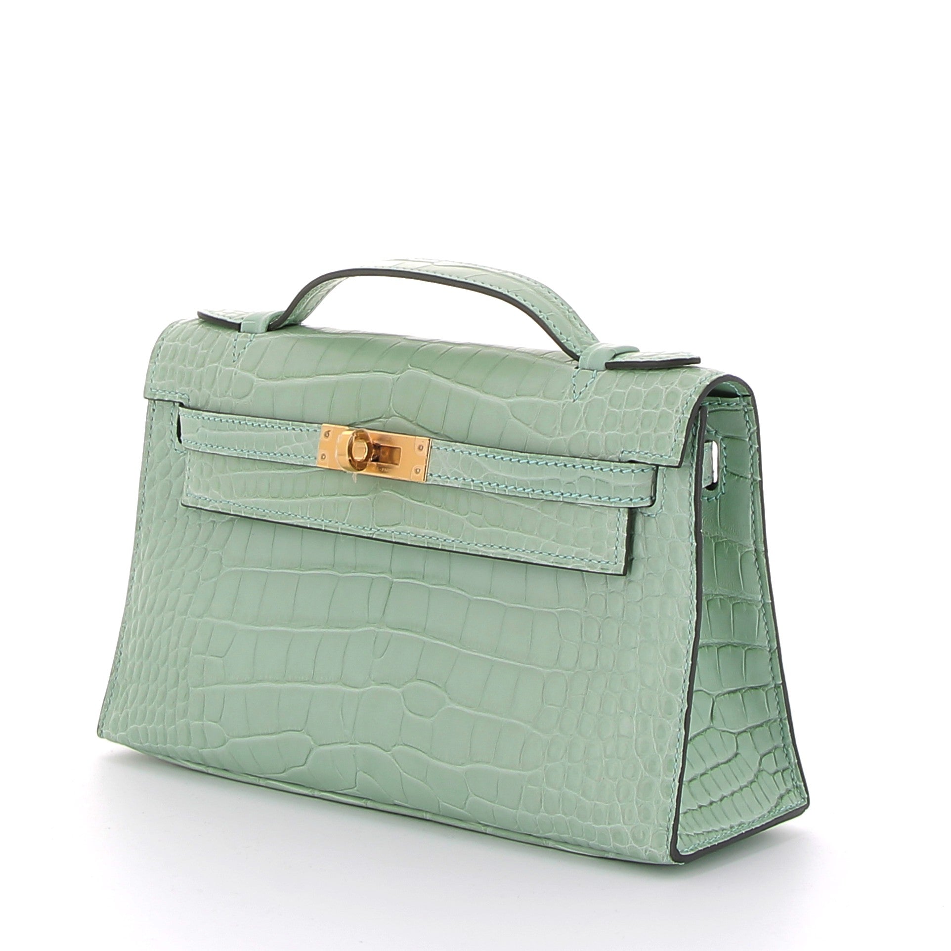 HERMES Kelly Pochette Vert d'Eau Crocodile Gold Hardware
