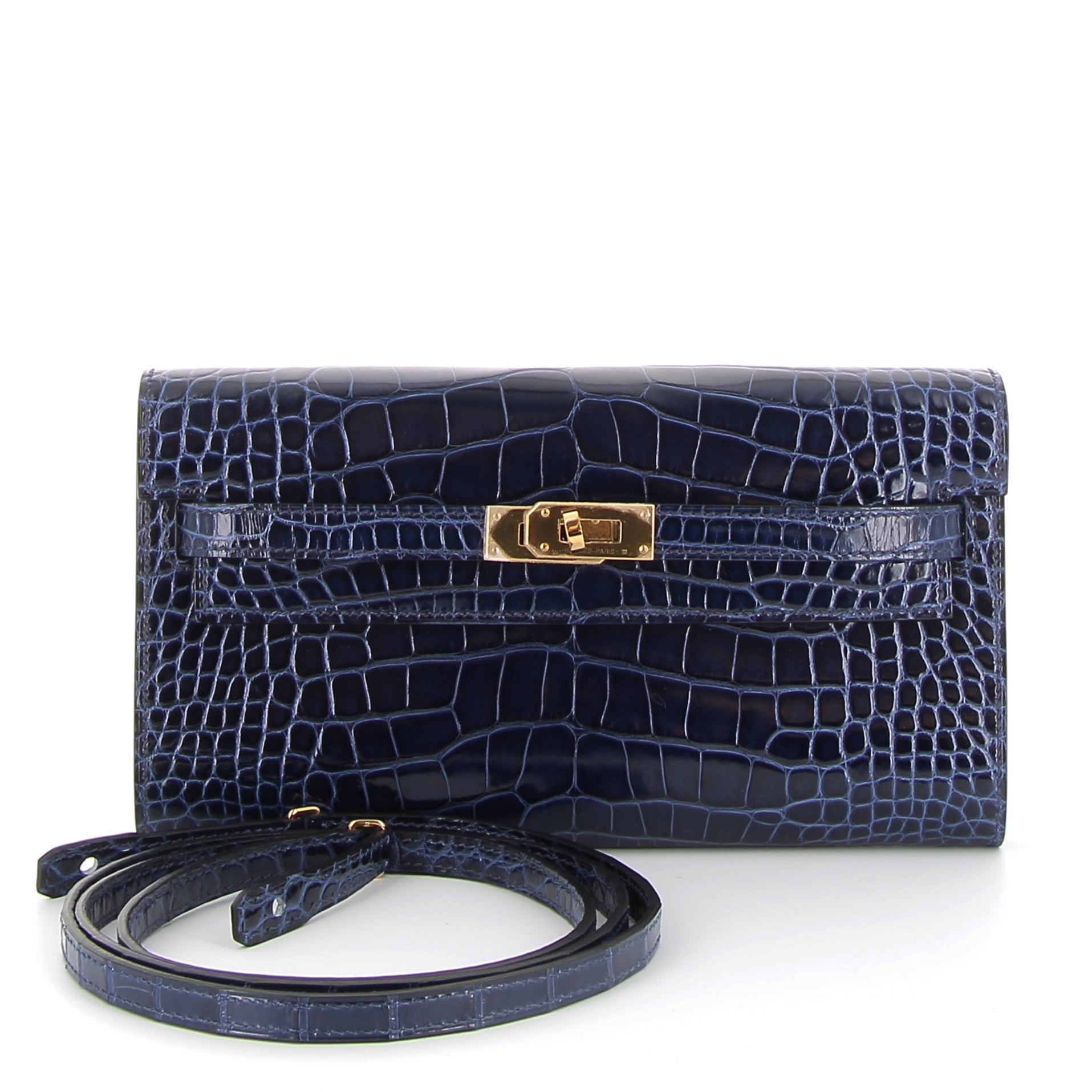 HERMES Kelly To Go Bleu Saphire Crocodile Niloticus Gold Hardware