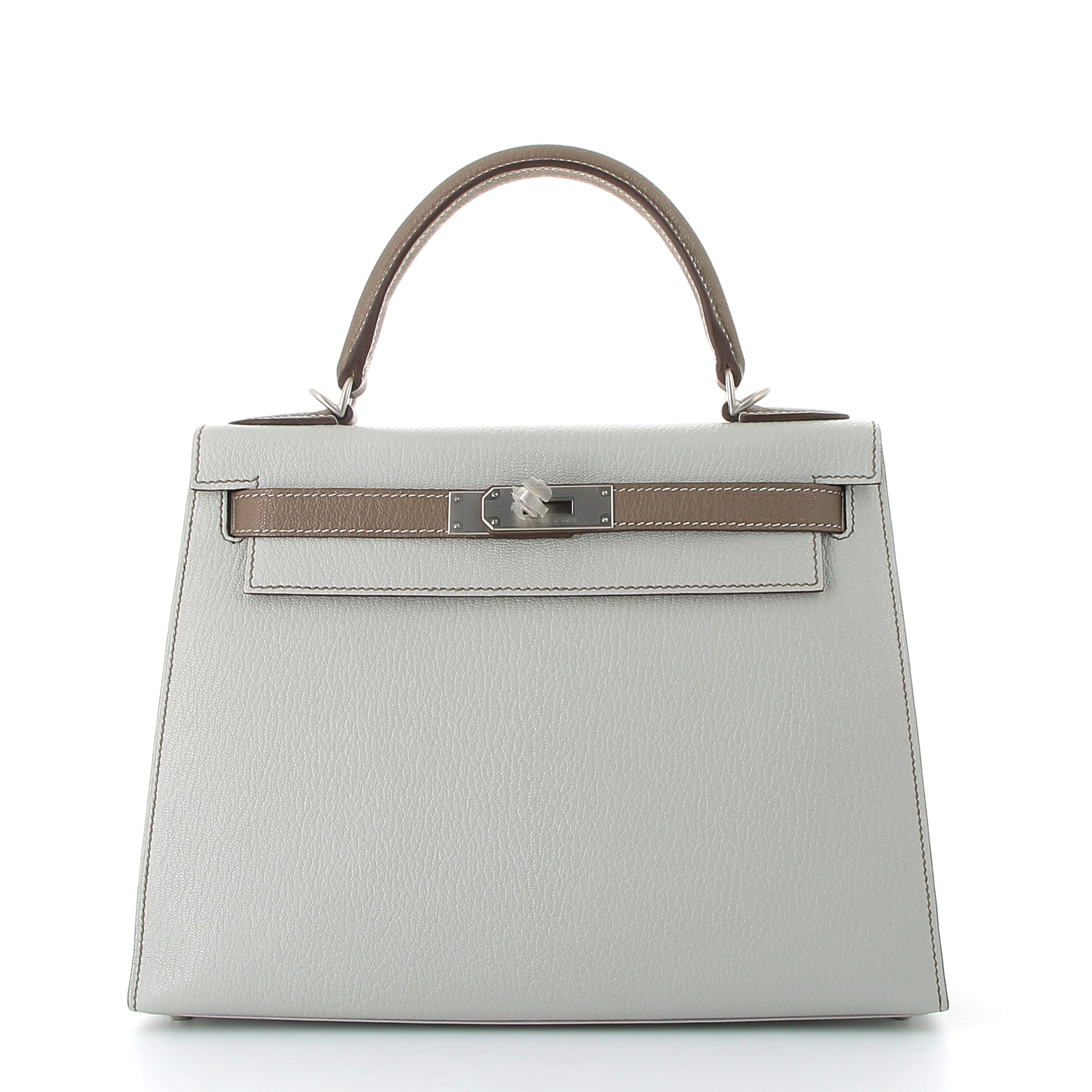 HERMES Kelly 28 Bicolor Gris Pale/Etoupe Chevre Brushed Palladium Hardware