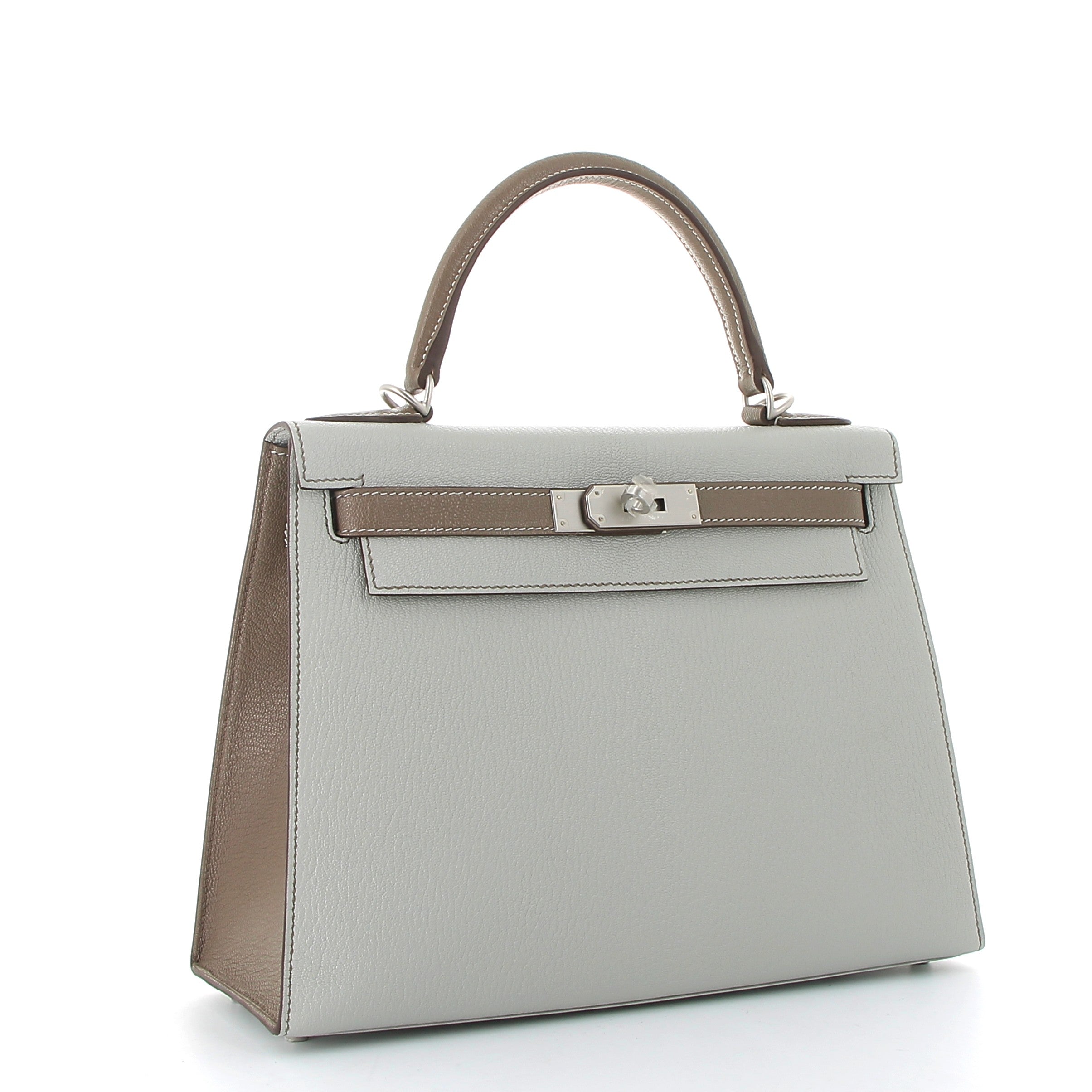 HERMES Kelly 28 Bicolor Gris Pale/Etoupe Chevre Brushed Palladium Hardware