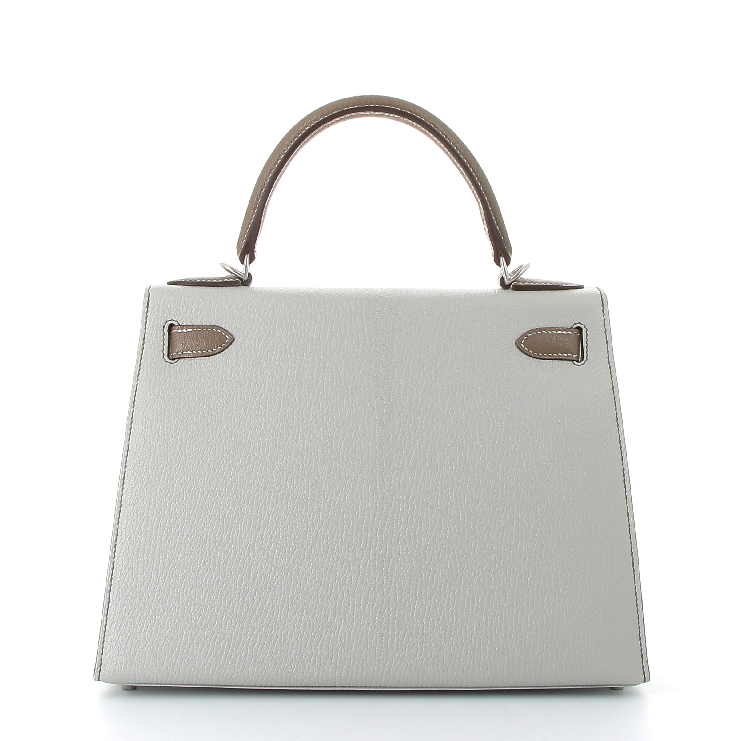 HERMES Kelly 28 Bicolor Gris Pale/Etoupe Chevre Brushed Palladium Hardware