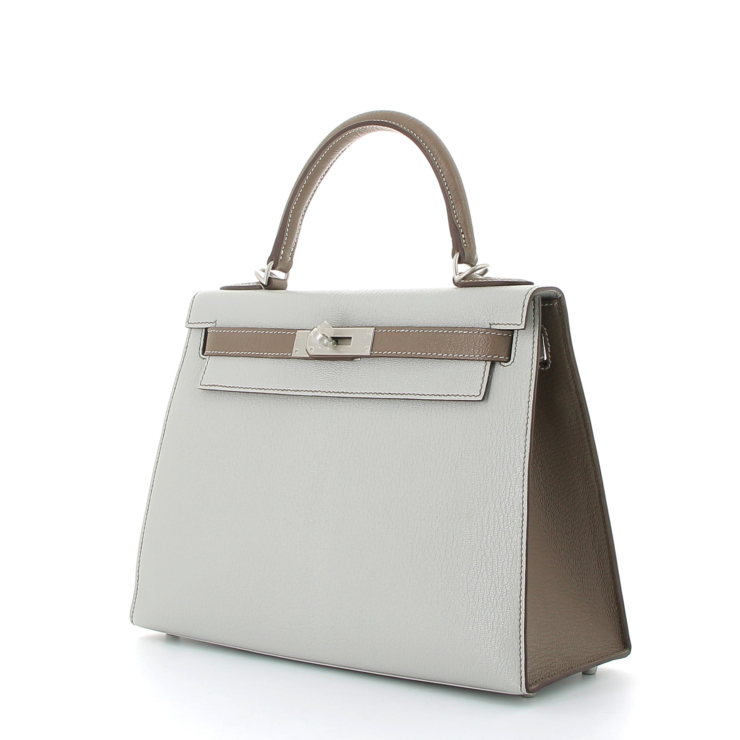 HERMES Kelly 28 Bicolor Gris Pale/Etoupe Chevre Brushed Palladium Hardware