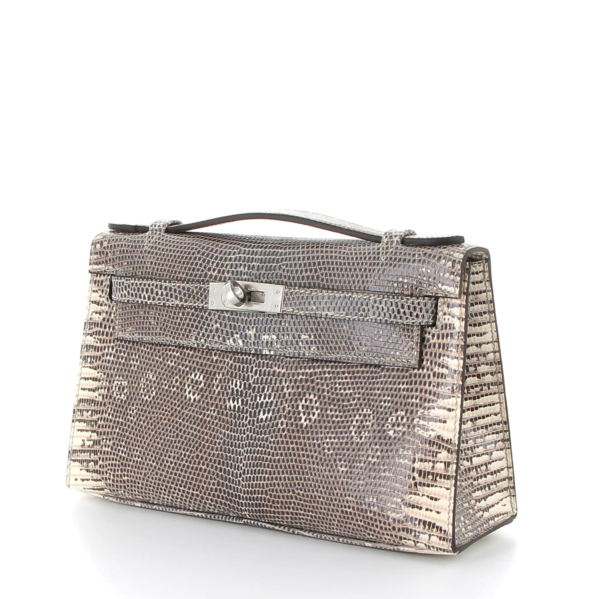 HERMES Kelly Pochette Lizard Ombre Palladium Hardware