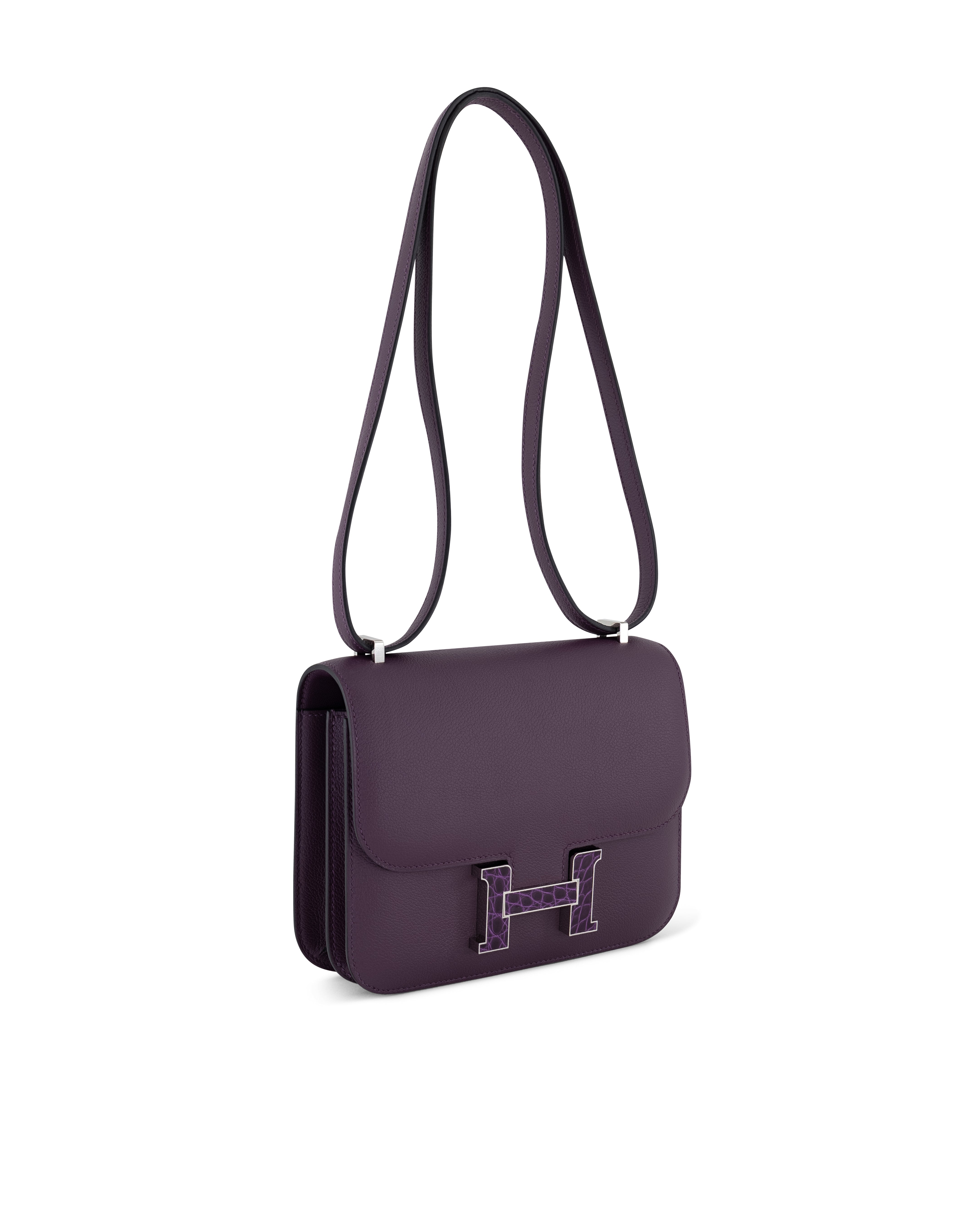 Hermès Constance 18cm in Cassis Evercolor & Alligator Missisipiensis with Palladium Hardware