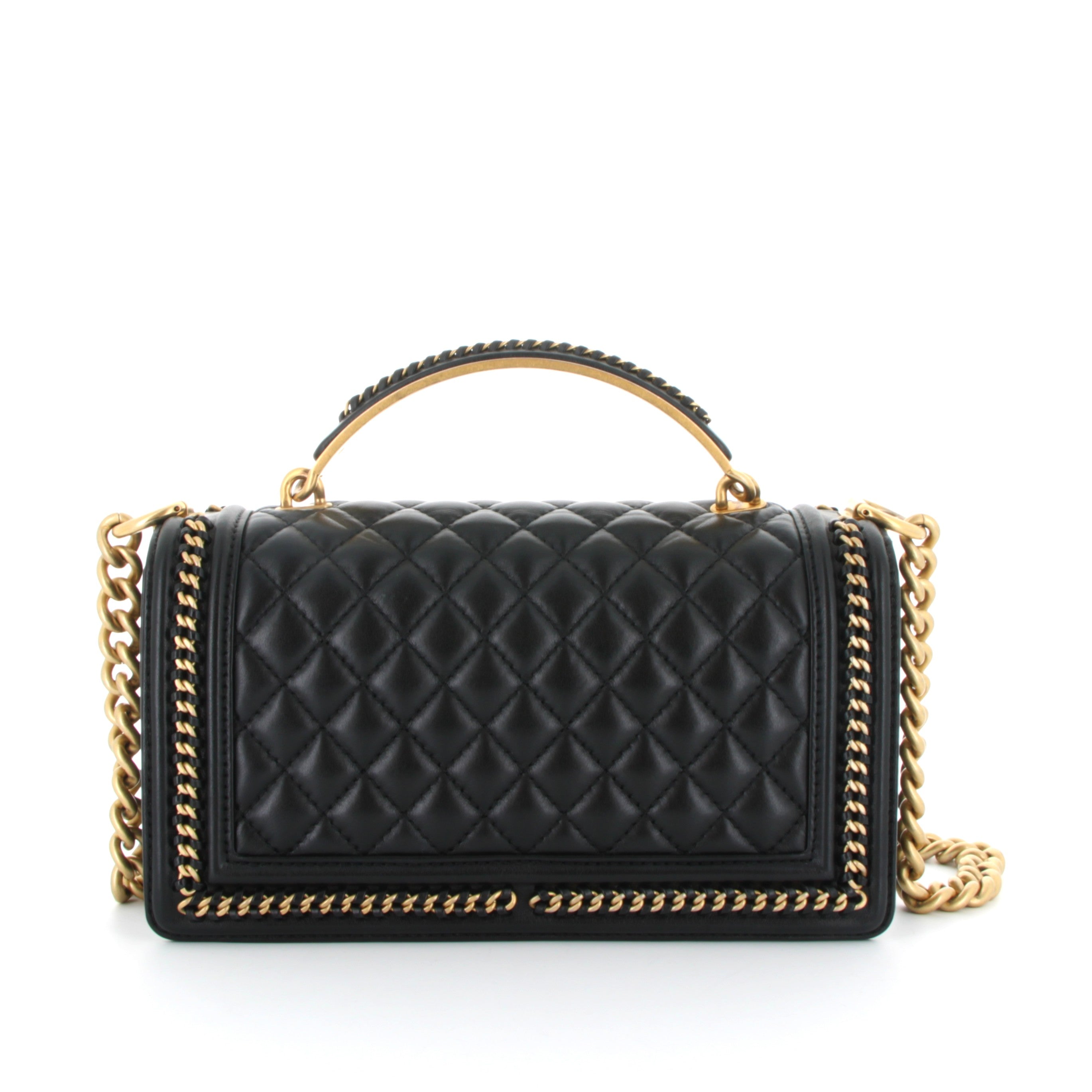 CHANEL Medium Boy Noir Lambskin Gold Chain Detail Gold Hardware