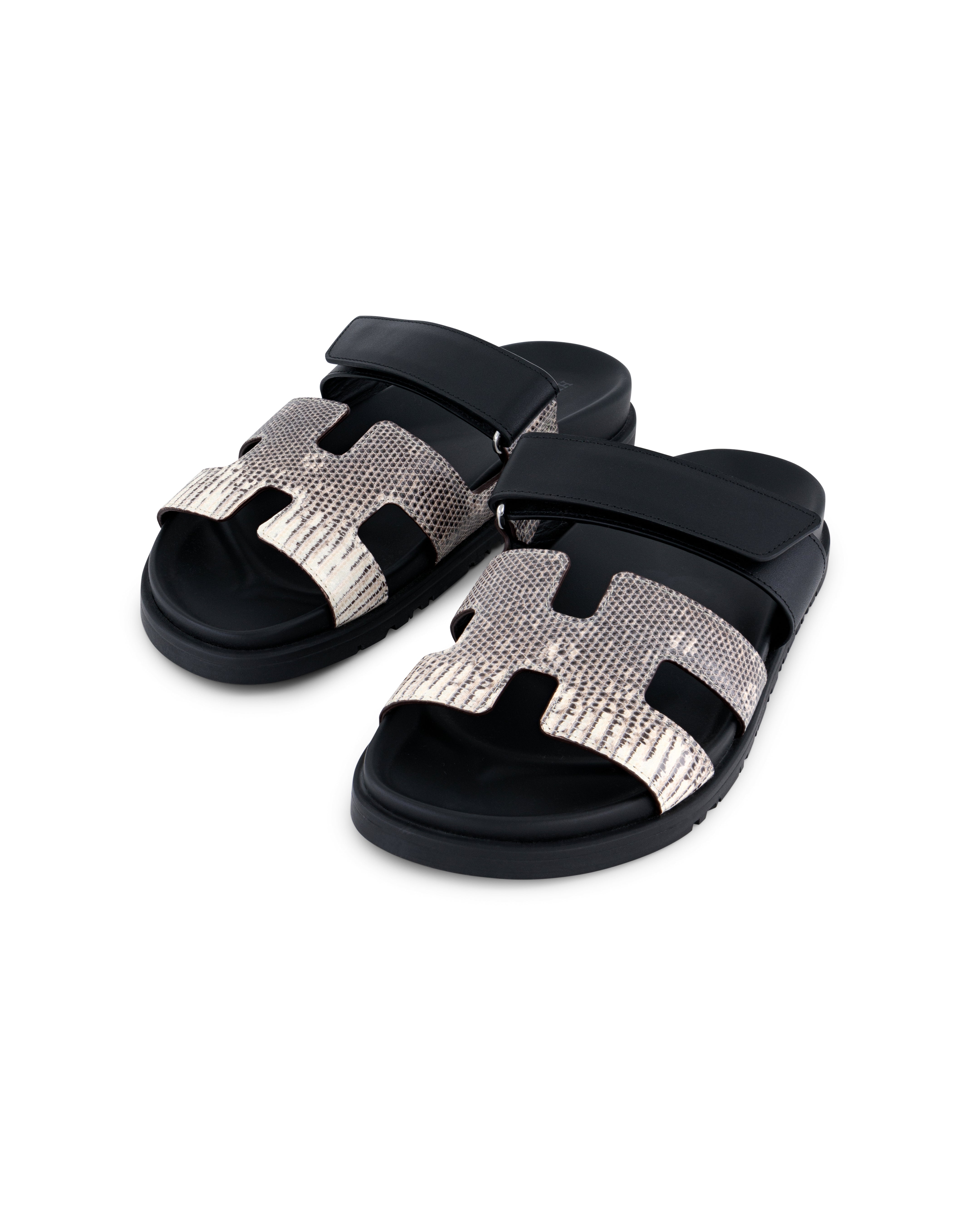 Hermès Chypre Sandals in Black Swift & Ombre Lizard EU 38