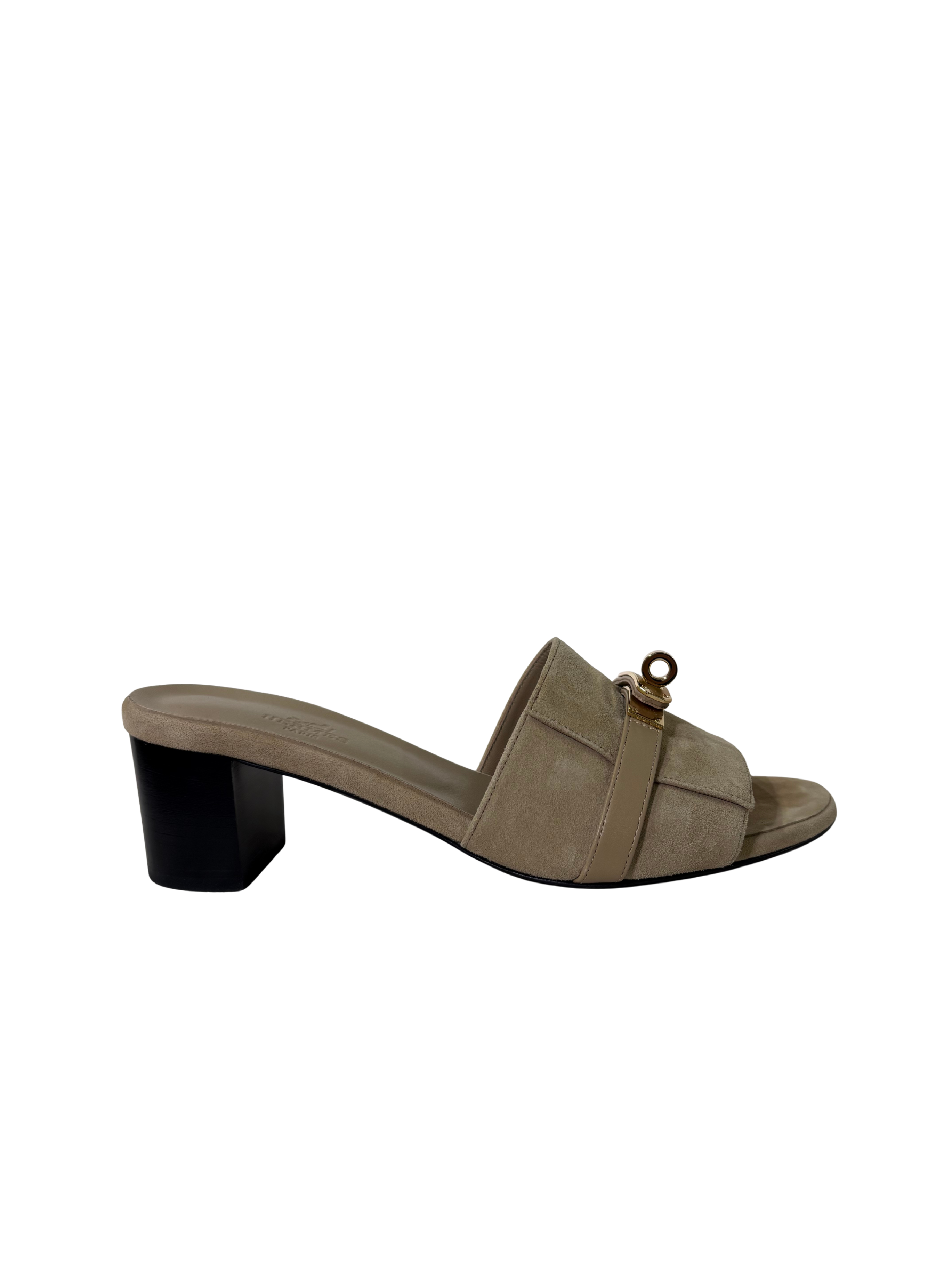 HERMES Gigi 50 Sandals Beige Suede Permabrass hardware