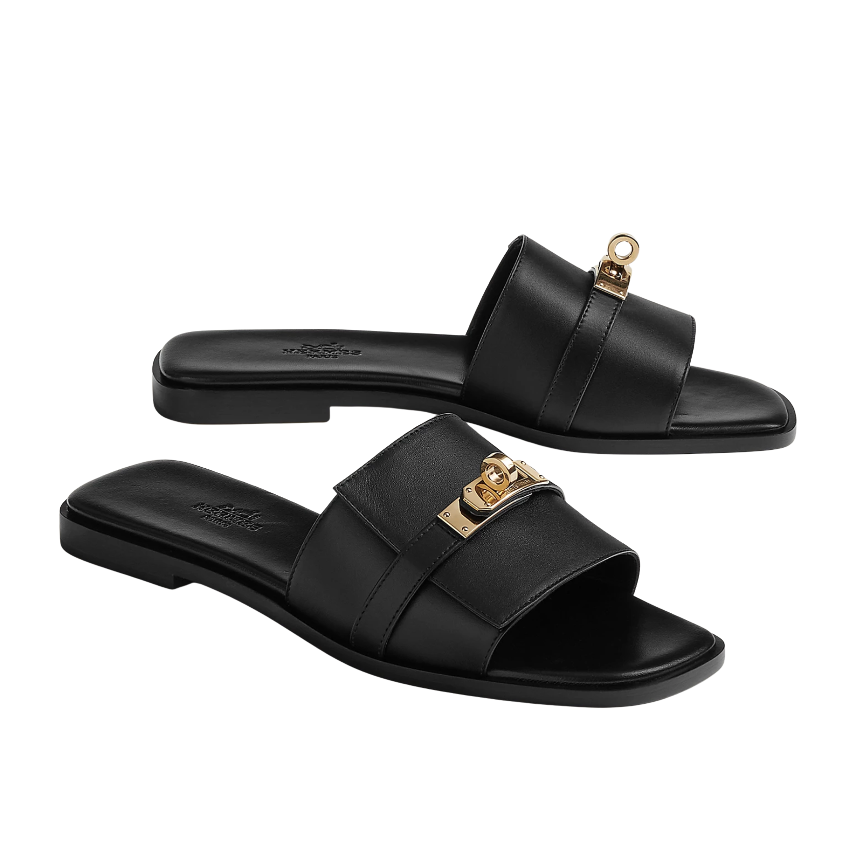 HERMES Giulia Sandals Noir Swift Permabrass hardware