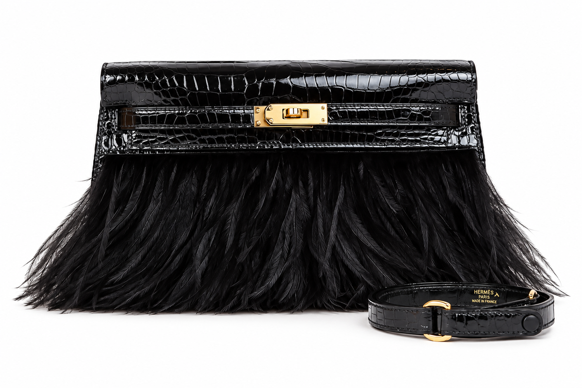 Hermès Kelly Elan Folie Black Shiny Porosus Crocodile & Feathers Gold Hardware 