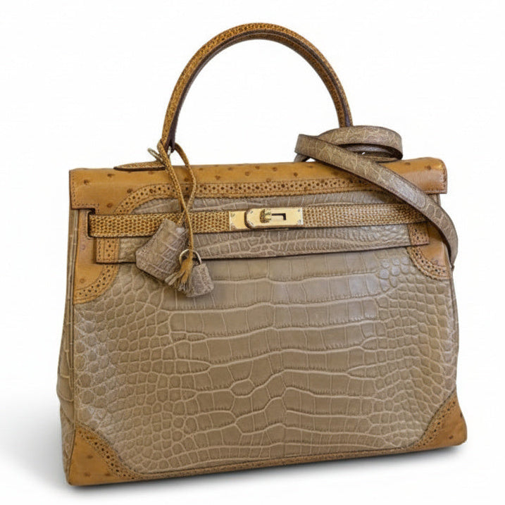 HERMES Kelly 35 Ghilles Grand Mariage Poussiere/Tabac Camel/Sesame Matte Alligator/Ostrich/Lizard Gold Hardware