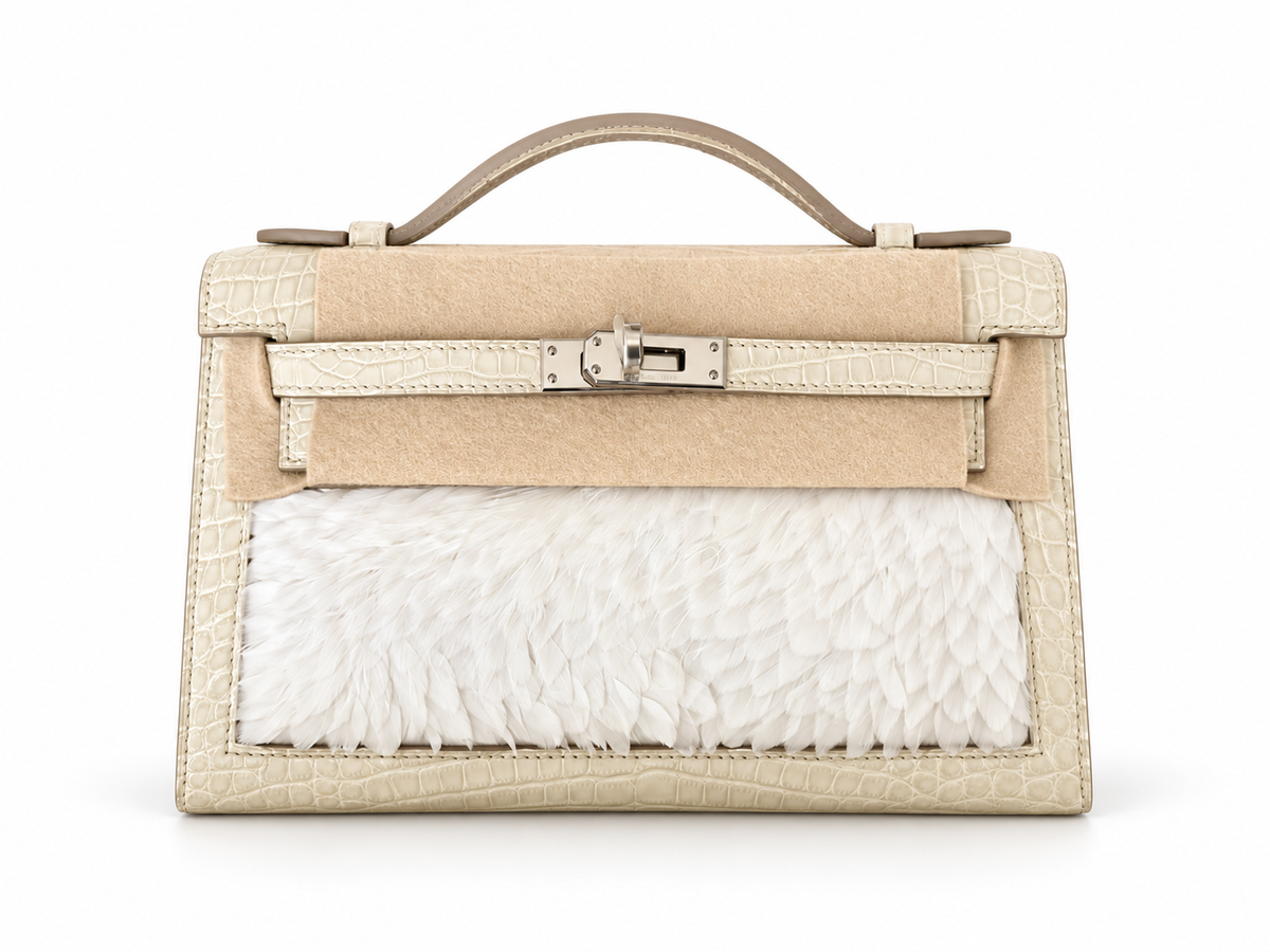 Hermès Horizon Kelly Pochette — Béton Matte Alligator Feathers