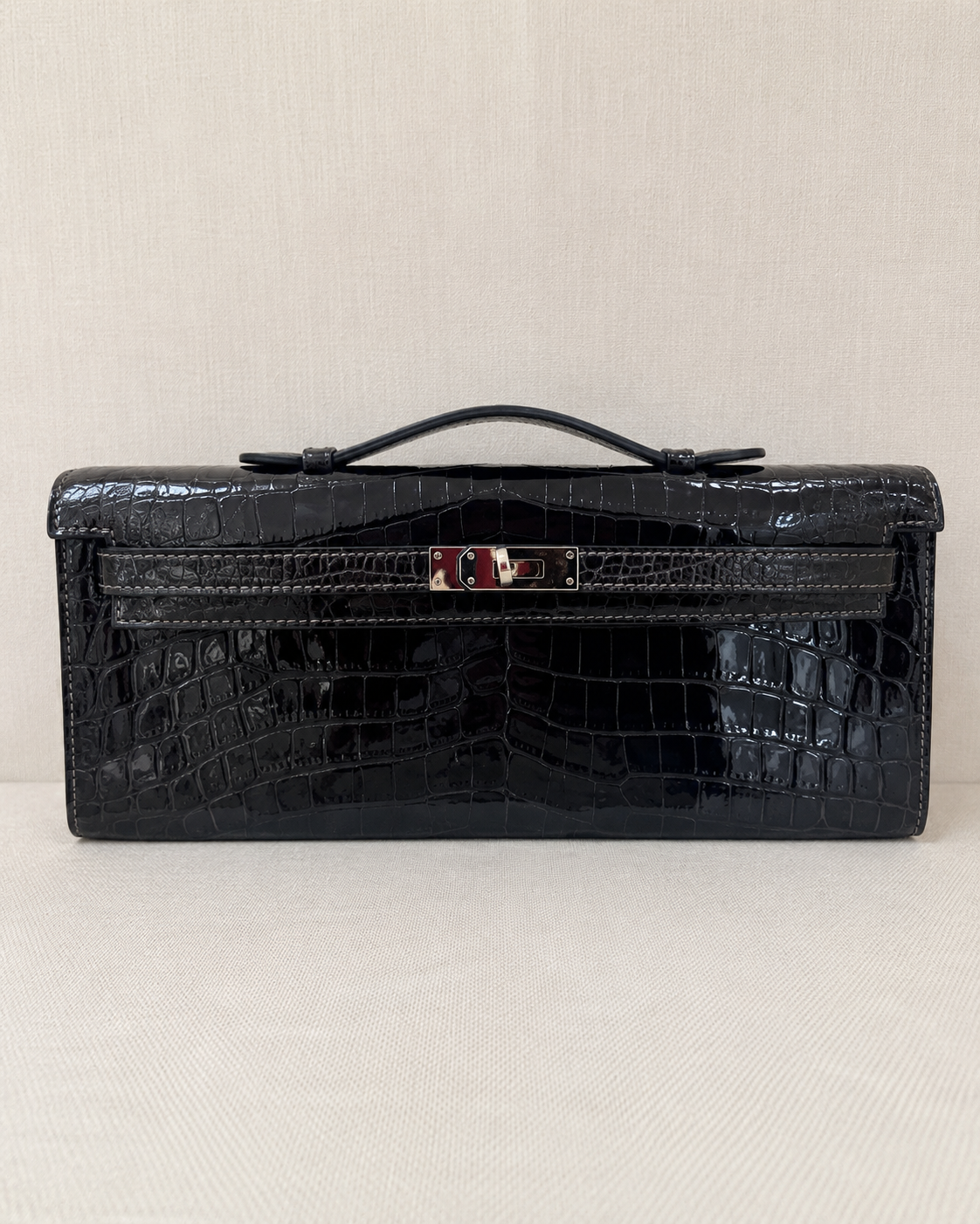 Hermès Kelly Cut Graphite Shiny Alligator Palladium Hardware – T Stamp