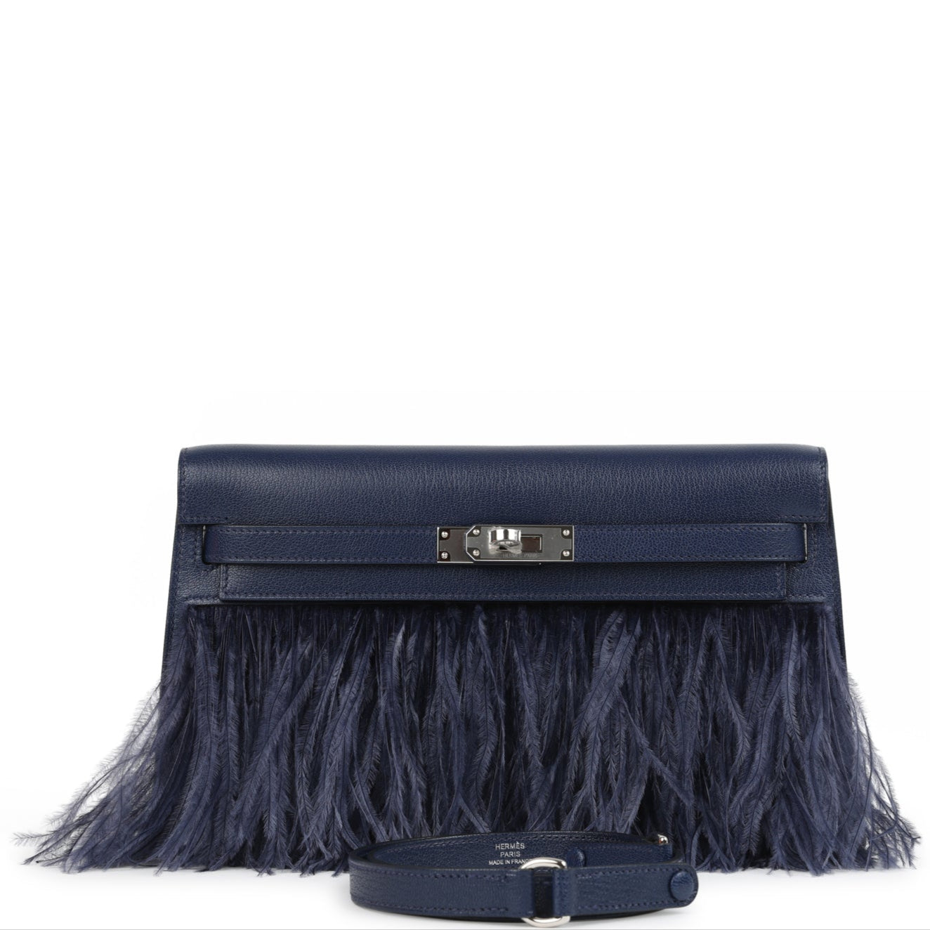 HERMÈS Kelly Elan Foile Bleu Saphir Chèvre Chamkila and Ostrich Feathers Palladium Hardware