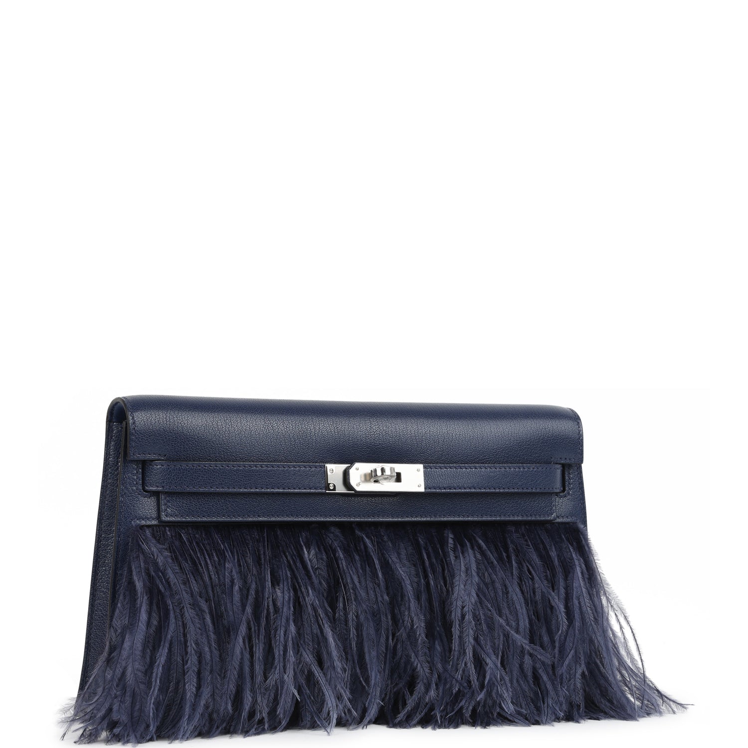 HERMÈS Kelly Elan Foile Bleu Saphir Chèvre Chamkila and Ostrich Feathers Palladium Hardware