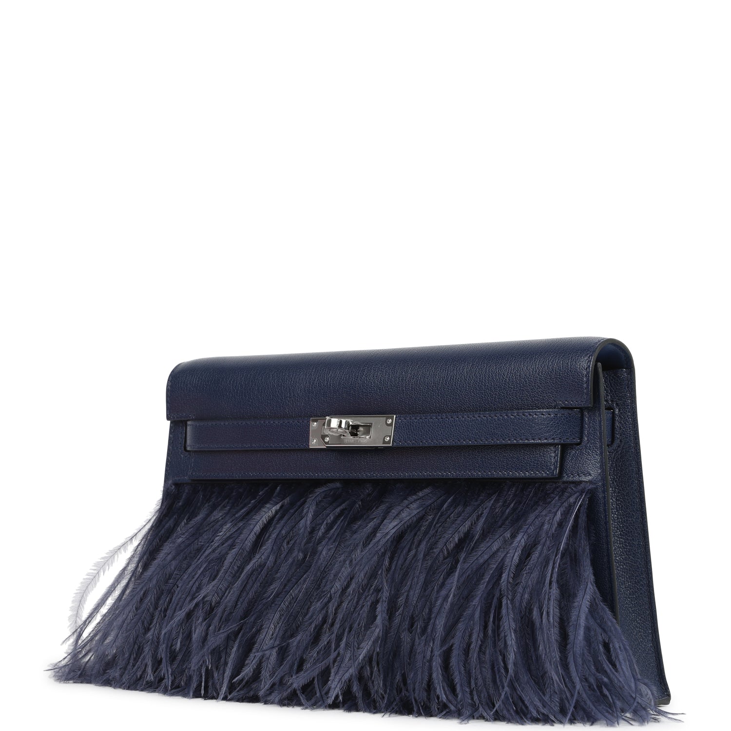 HERMÈS Kelly Elan Foile Bleu Saphir Chèvre Chamkila and Ostrich Feathers Palladium Hardware