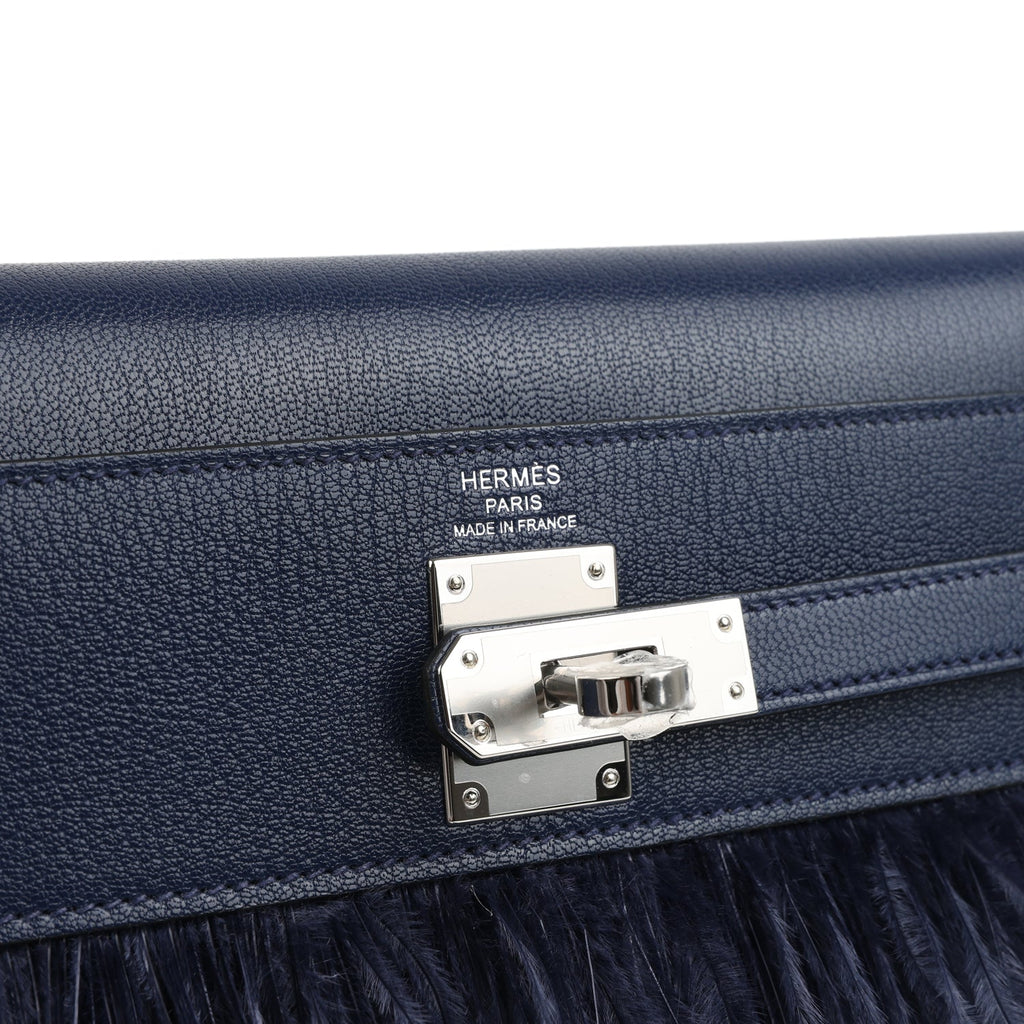 HERMÈS Kelly Elan Foile Bleu Saphir Chèvre Chamkila and Ostrich Feathers Palladium Hardware