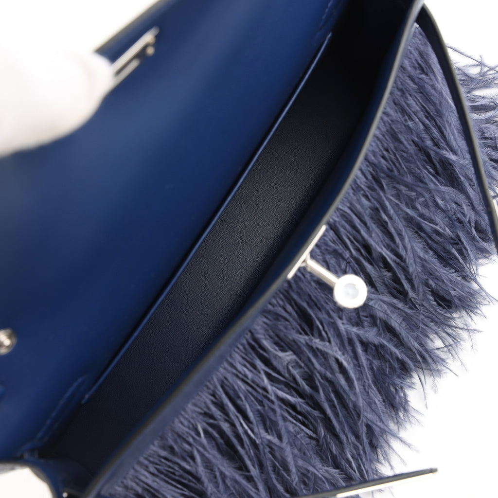 HERMÈS Kelly Elan Foile Bleu Saphir Chèvre Chamkila and Ostrich Feathers Palladium Hardware