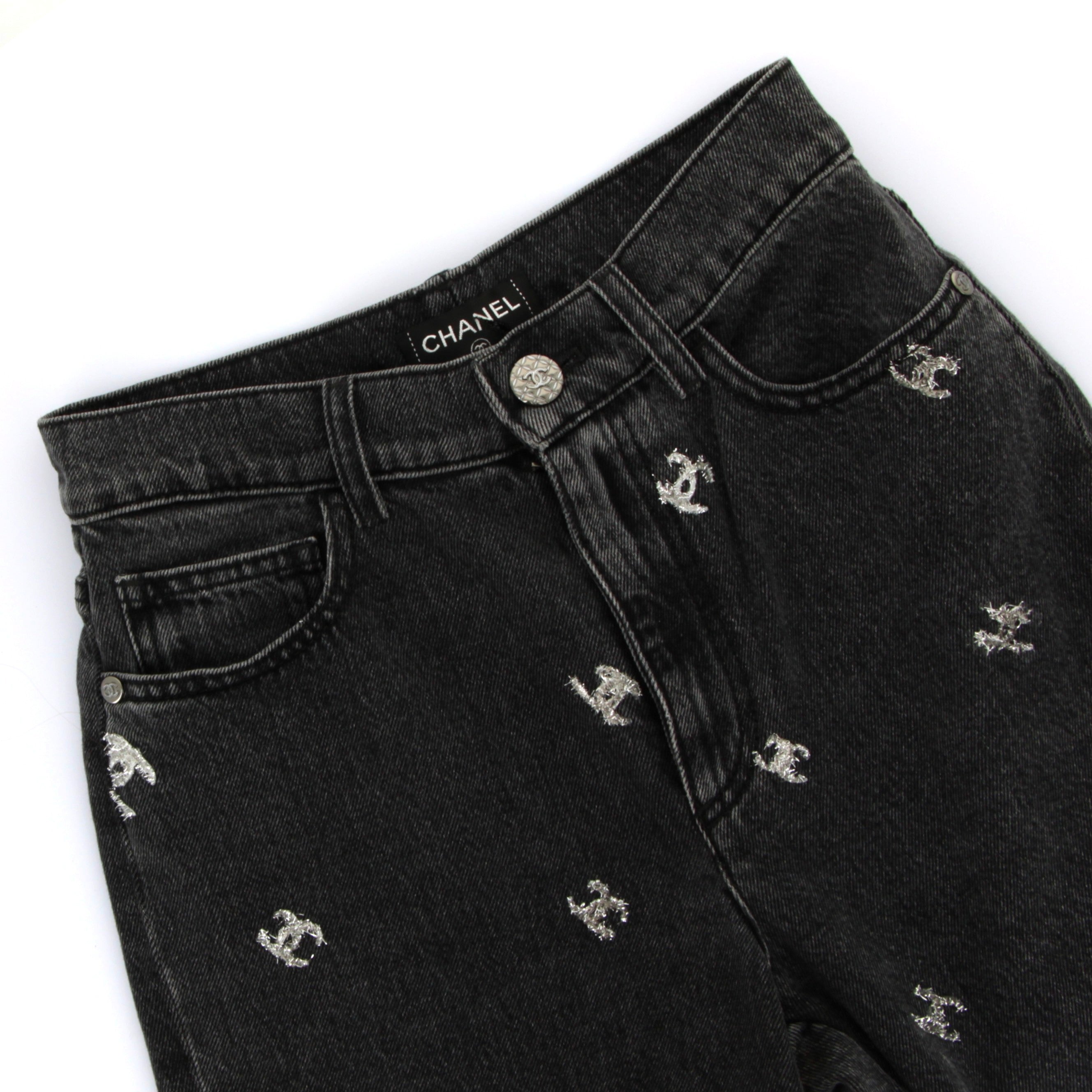 CHANEL Dark Grey Wash Jeans CC Tinsel Logo