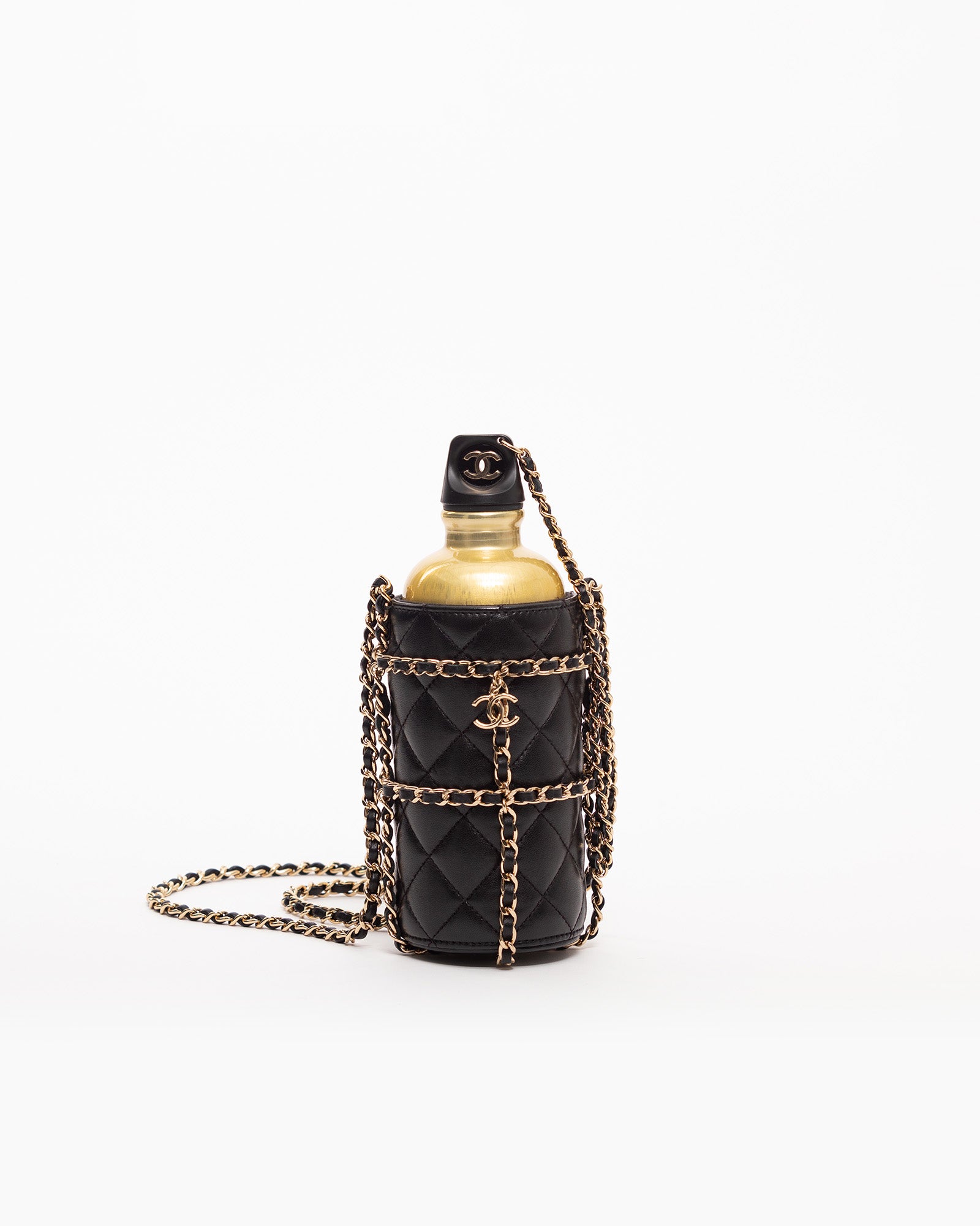 Chanel CC Black Gold Lambskin Leather Water Bottle Bag