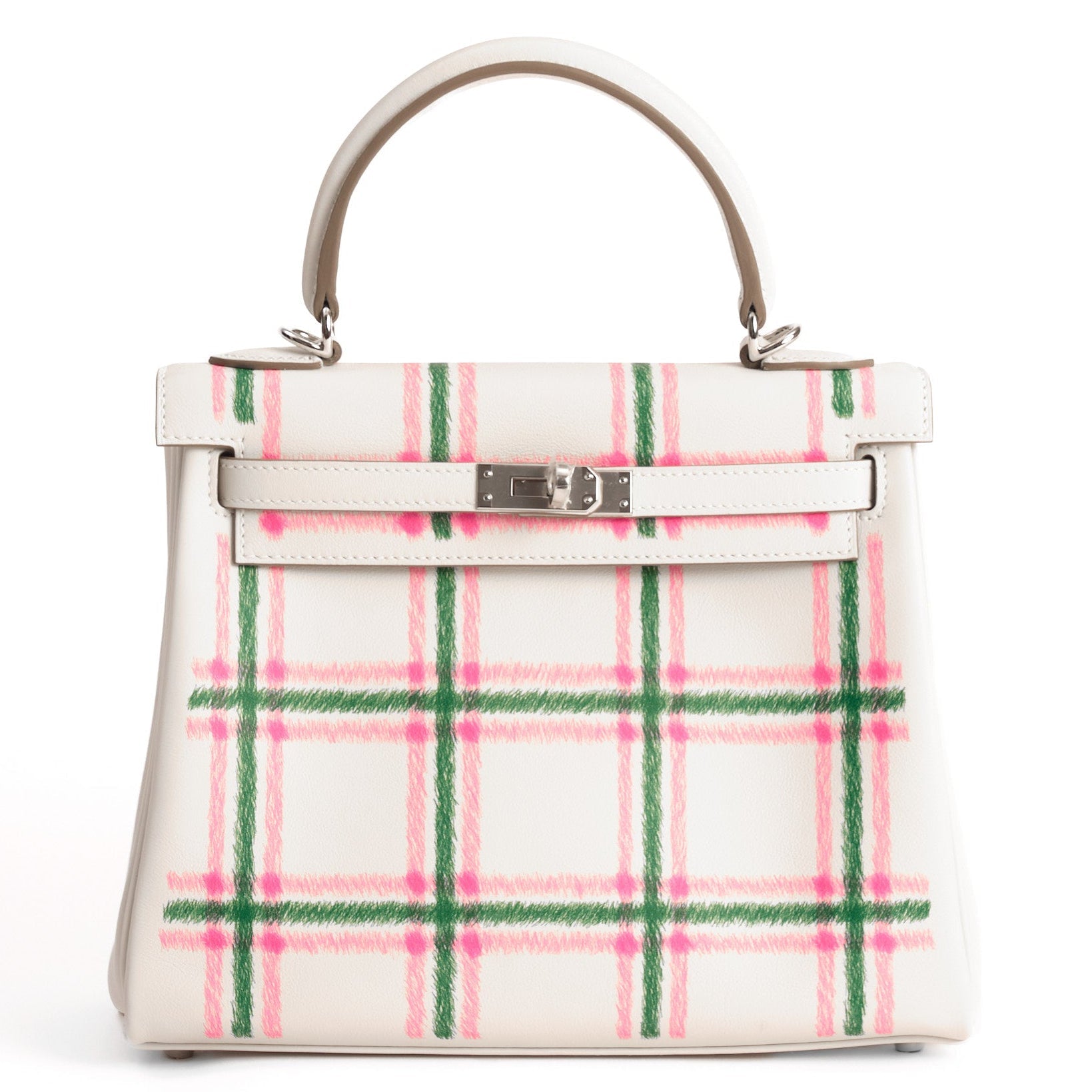 HERMES Kelly 25 Tartan Pale Grey / Bubblegum / Green Swift Leather Palladium Hardware